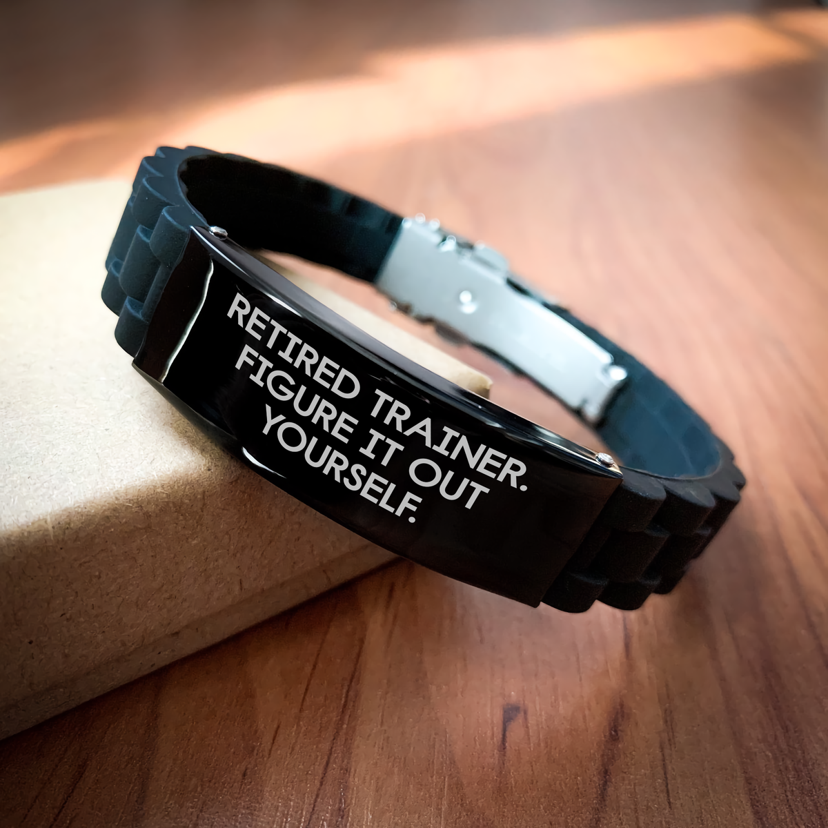 Trainer Gifts from Men - Inspirational Quote 'Retired Trainer. Figure It Out Yourself.' Glide lock Clasp Black Stainless Steel Adjustable Gift for Trainer on Father's Day - Image 2