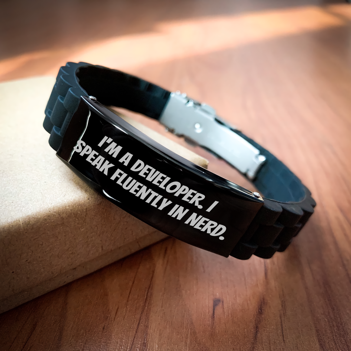 Funny Developer Gift, I'm A Developer. I Speak Fluently In genius., Glide lock Clasp Bracelet for Father's Day, Gifts from Men to Developer, Adjustable Silicone, Silver, Black Stainless Steel - Image 2