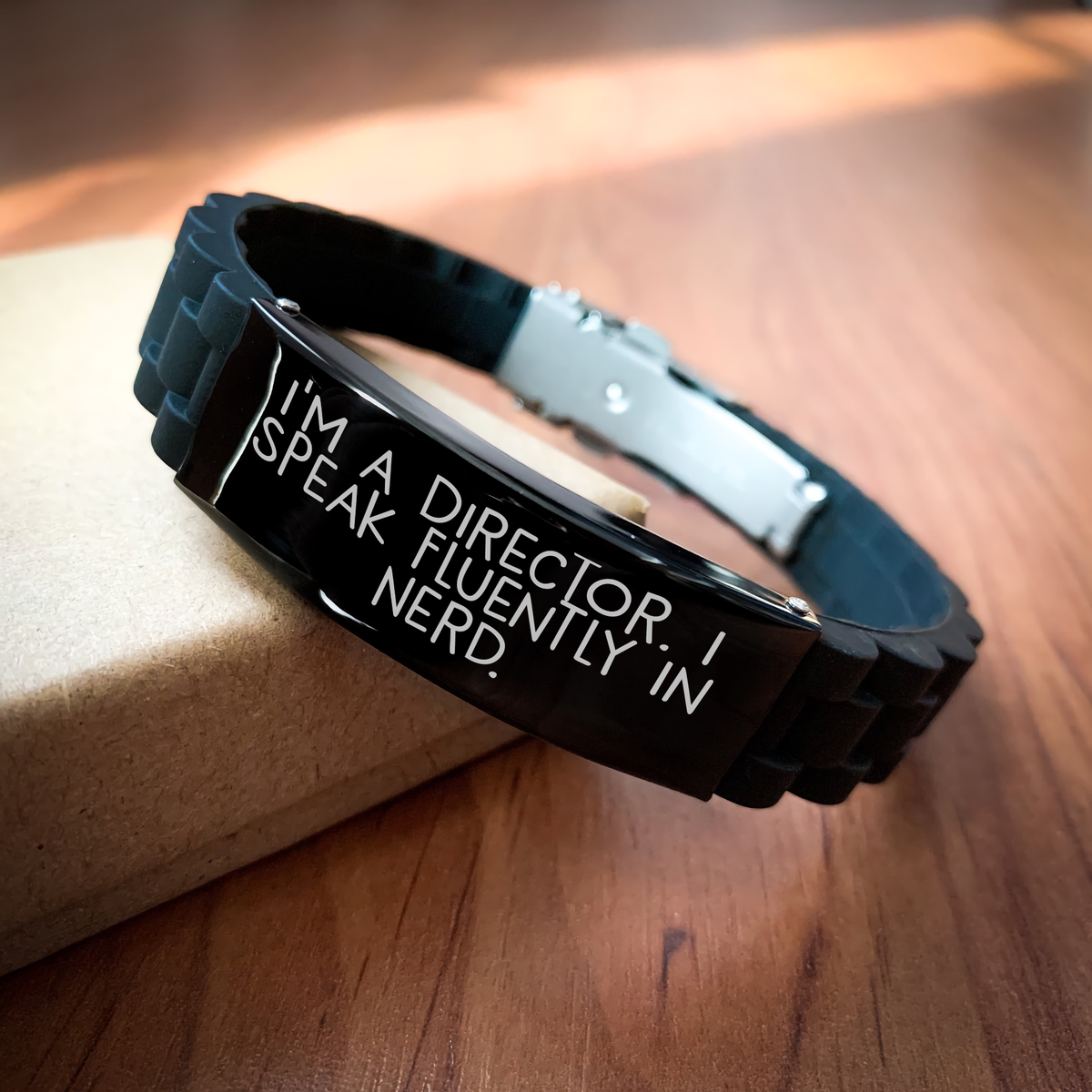 Funny Director Gifts, 'I'm A Director. I Speak Fluently In genius.' Glide lock Clasp Black Stainless Steel Adjustable Silicone Strap, Perfect Men's Father's Day Unique Gifts from Family - Image 2