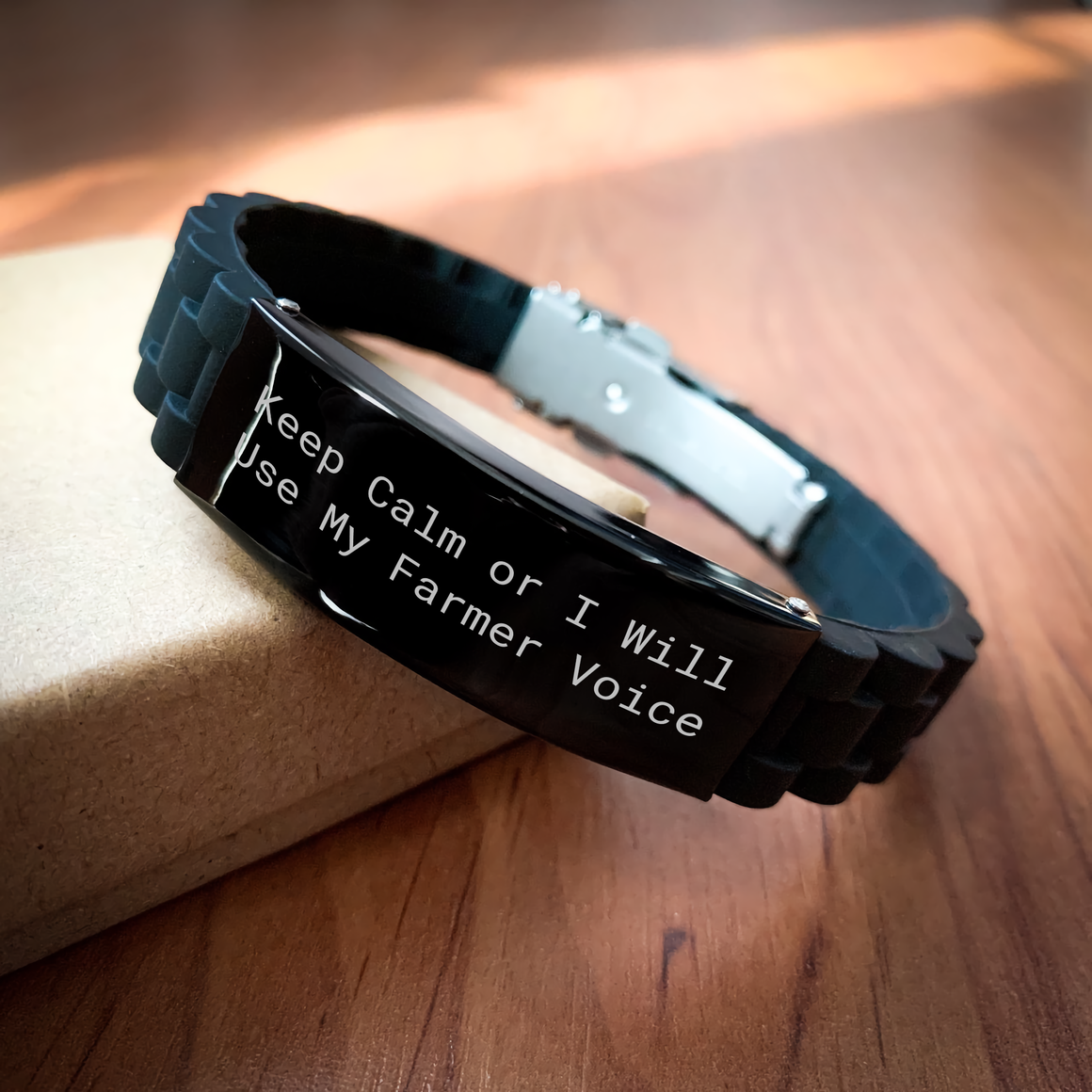 Funny Farmer Gifts from Friends - Keep Calm Or I Will Use My Farmer Voice Glide lock Clasp Black Stainless Steel Adjustable Silver Silicone Mother's Day Unique Gifts for Farmer Women - Image 2