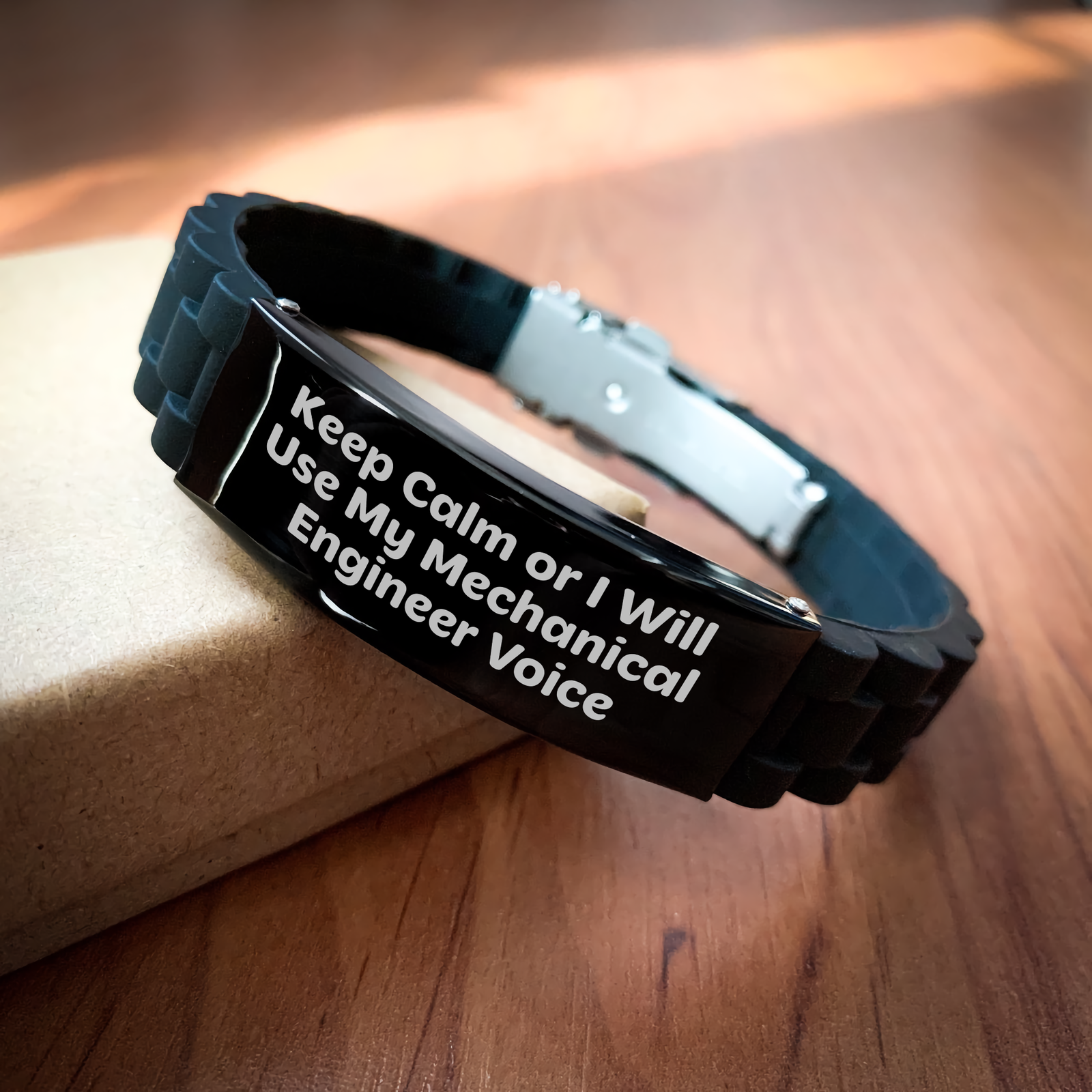 Mechanical Engineer Gifts, Keep Calm, Funny Quote, Glide lock Clasp Black Stainless Steel Silicone Adjustable Mother's Day Unique Gifts from Friends - Image 2