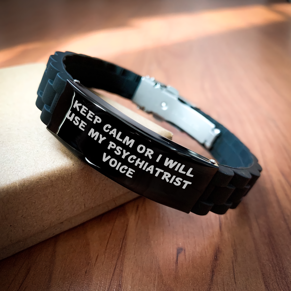 Psychiatrist Humor Gifts from Mom - Keep Calm, I'll Use My Psychiatrist Voice - Glide lock Clasp Black Stainless Steel Silicone Adjustable Bracelet for Mother's Day - Image 2