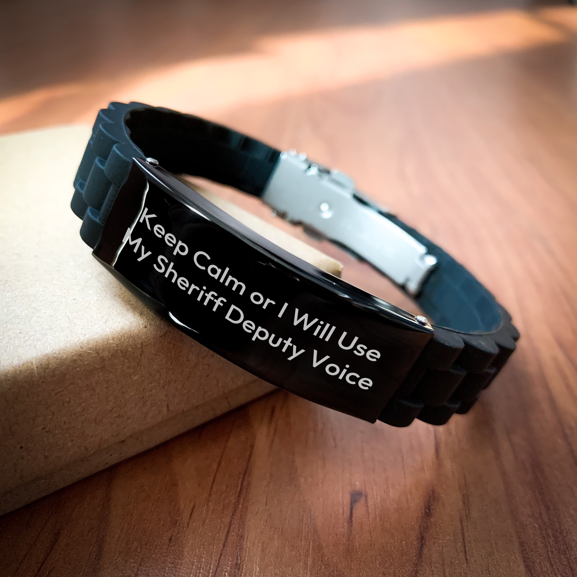 Sheriff Deputy Gifts - Funny Quote Glide lock Clasp Black Stainless Steel Adjustable Silicone Bracelet, Gifts from Men, Gifts for Sheriff Deputy, Unique Mother's Day Unique Gifts - Image 2