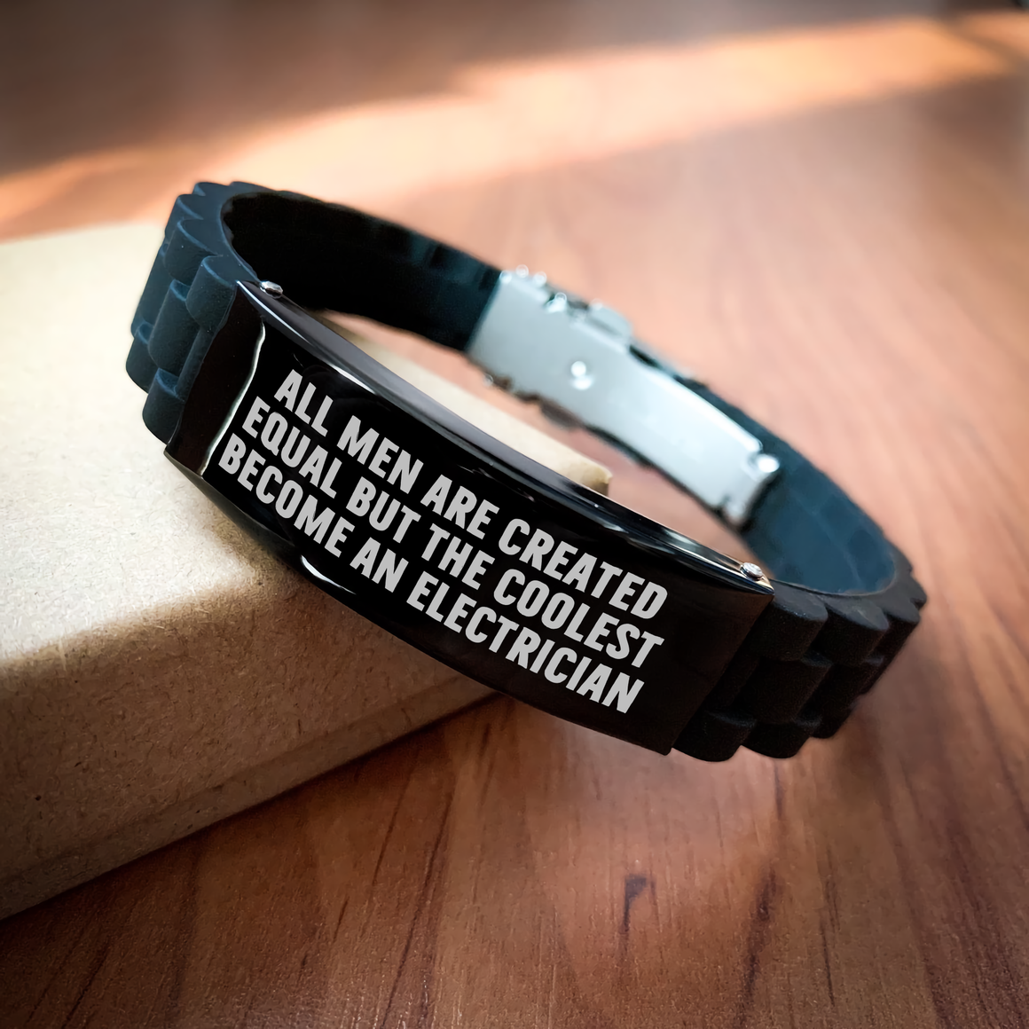 Funny Electrician Gifts - 'All Men Are Created Equal But The Coolest Become An Electrician' Glide lock Clasp Black Stainless Steel Adjustable Silicone Mother's Day Unique Gift for Electrician Men - Image 2