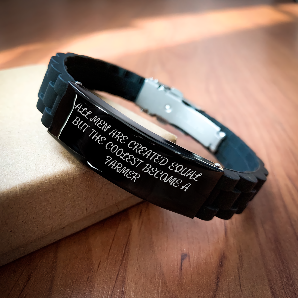 Funny Farmer Gifts from Friends for Men - Glide lock Clasp Black Stainless Steel Adjustable Silicone Bracelet, Quote: 'All Men Are Created Equal But The Coolest Become A Farmer' - Image 2