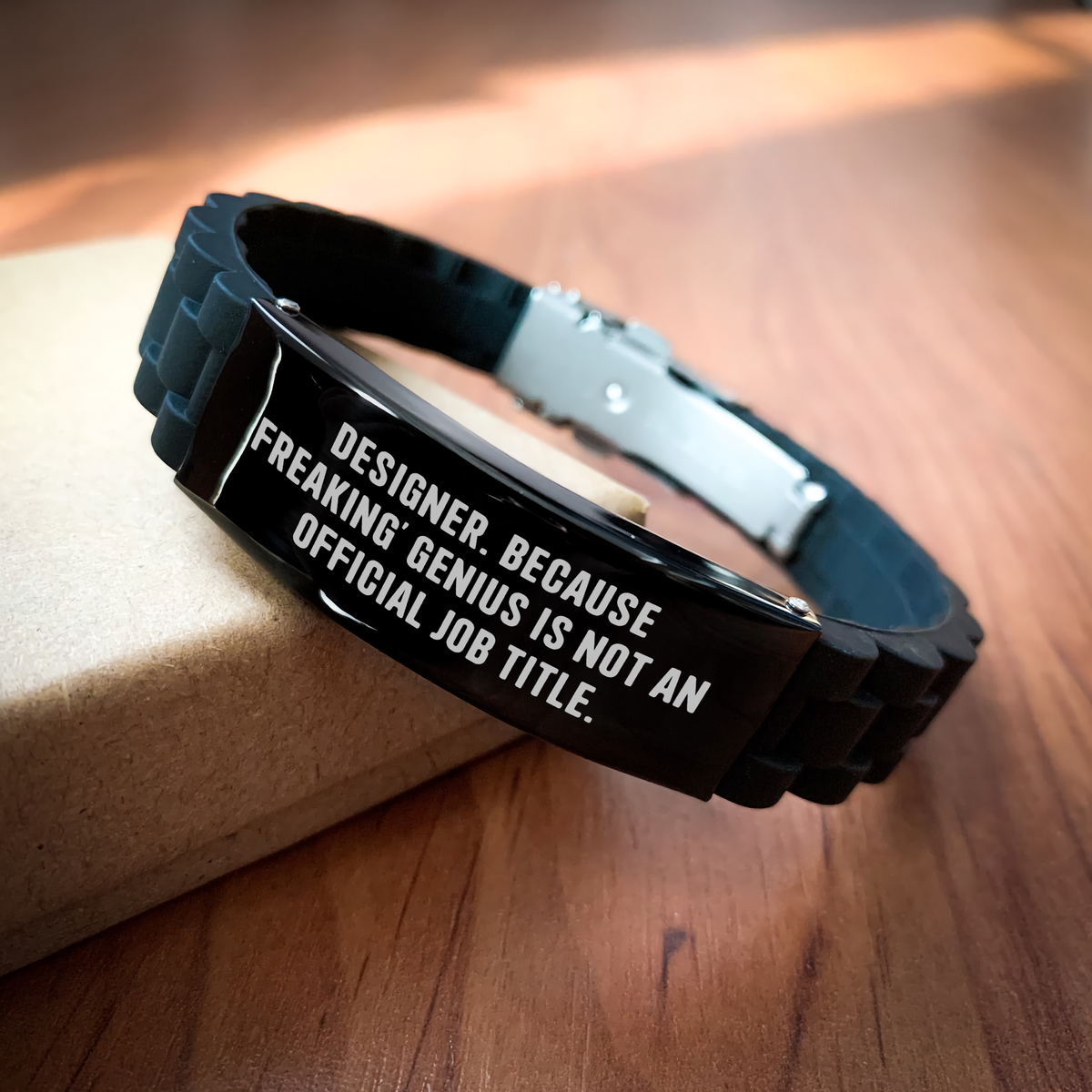 Designer Gifts from Friends, Funny Quote, Adjustable Glide lock Clasp Black Stainless Steel Silicone Bracelet for Men's Fathers Day, 'Designer. Because Freaking' genius Is Not An Official Job Title.' - Image 2