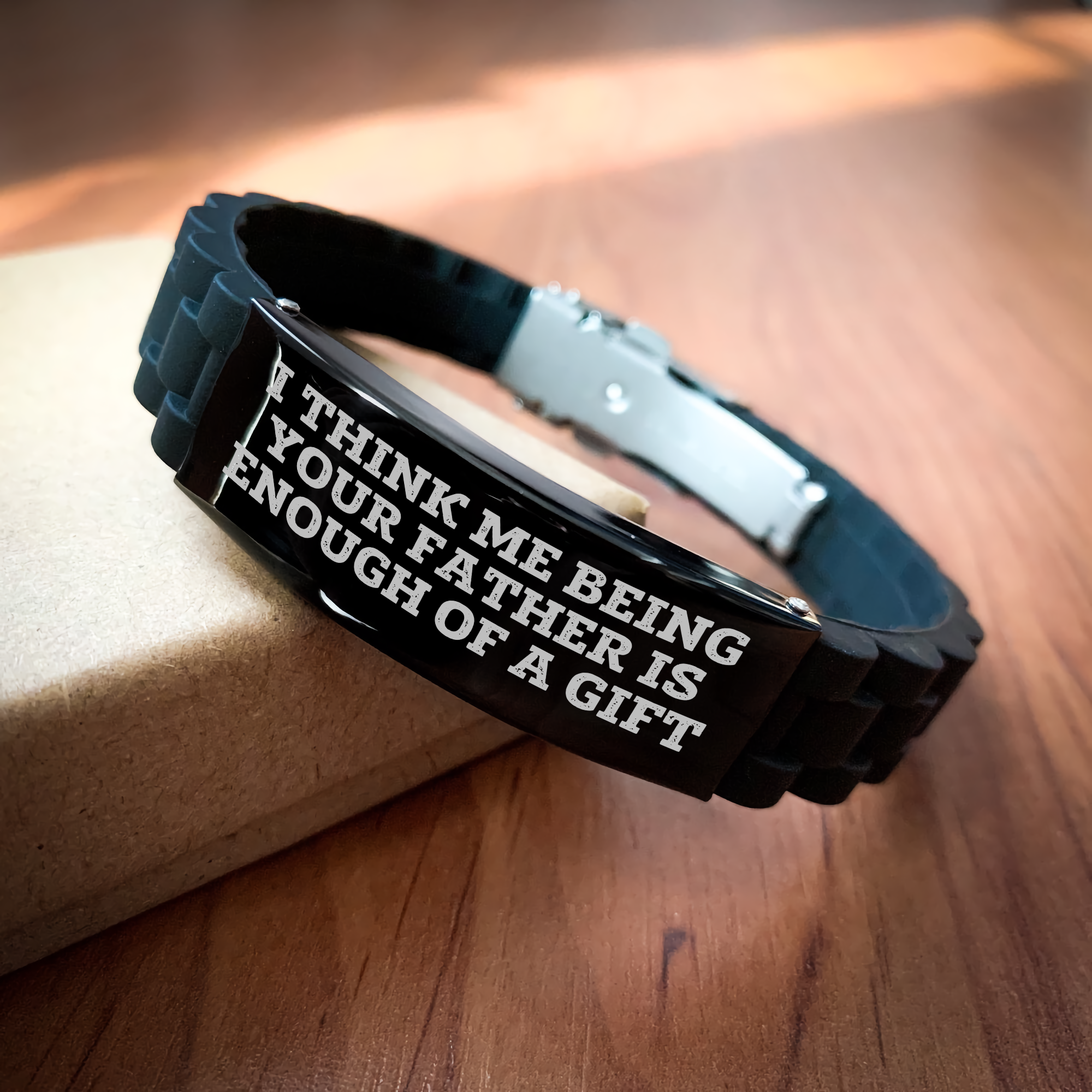 Father Gifts, Funny Quote, Glide lock Clasp Adjustable Black Stainless Steel Silicone Men's Bracelet, Gifts from Dad to Father on Mother's Day - Image 2