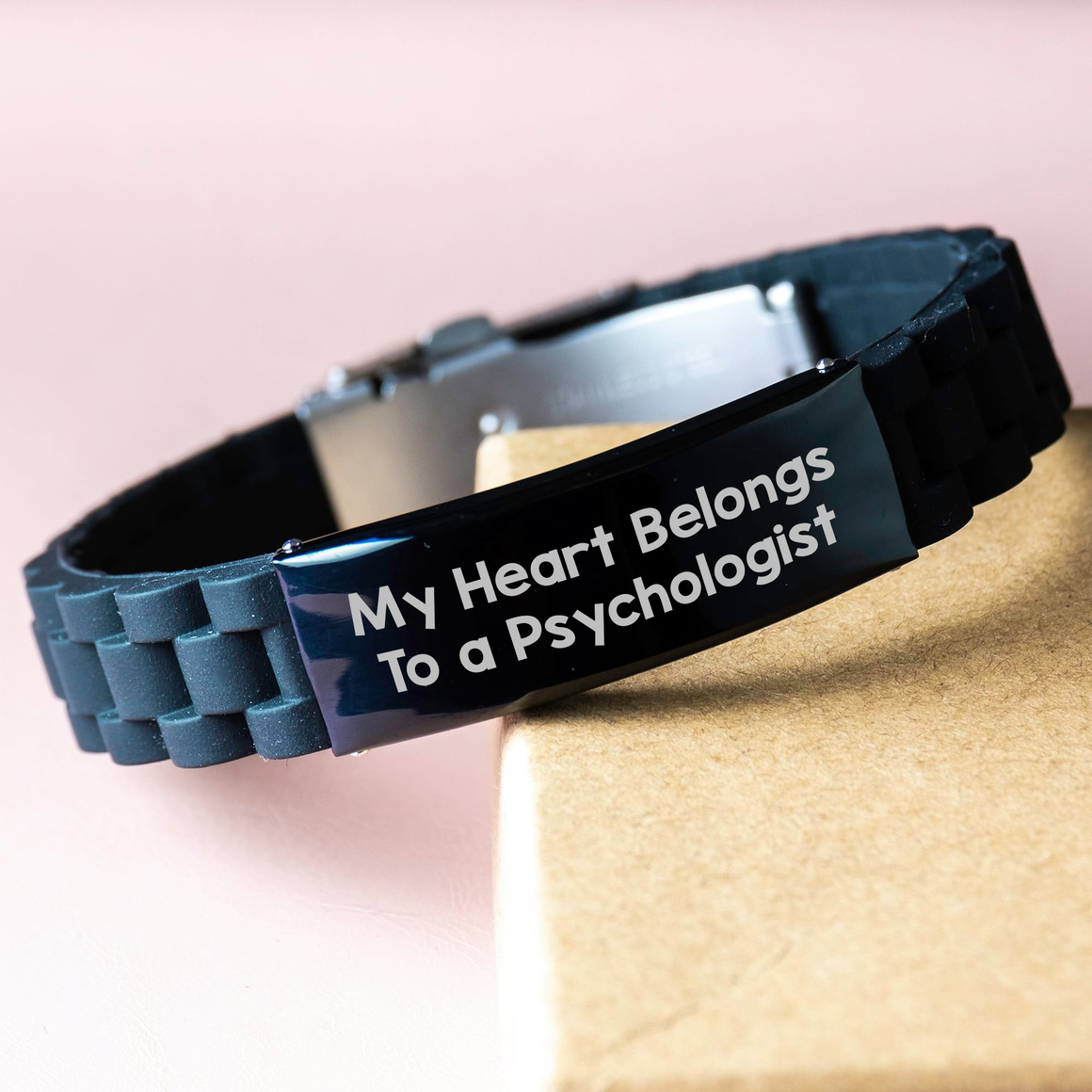 Funny Psychologist Gifts, Heart Belongs to Psychologist Glide lock Clasp Bracelet, Adjustable Black Stainless Steel Silicone, Gifts from Friends to Psychologist Dad for Father's Day - Image 3
