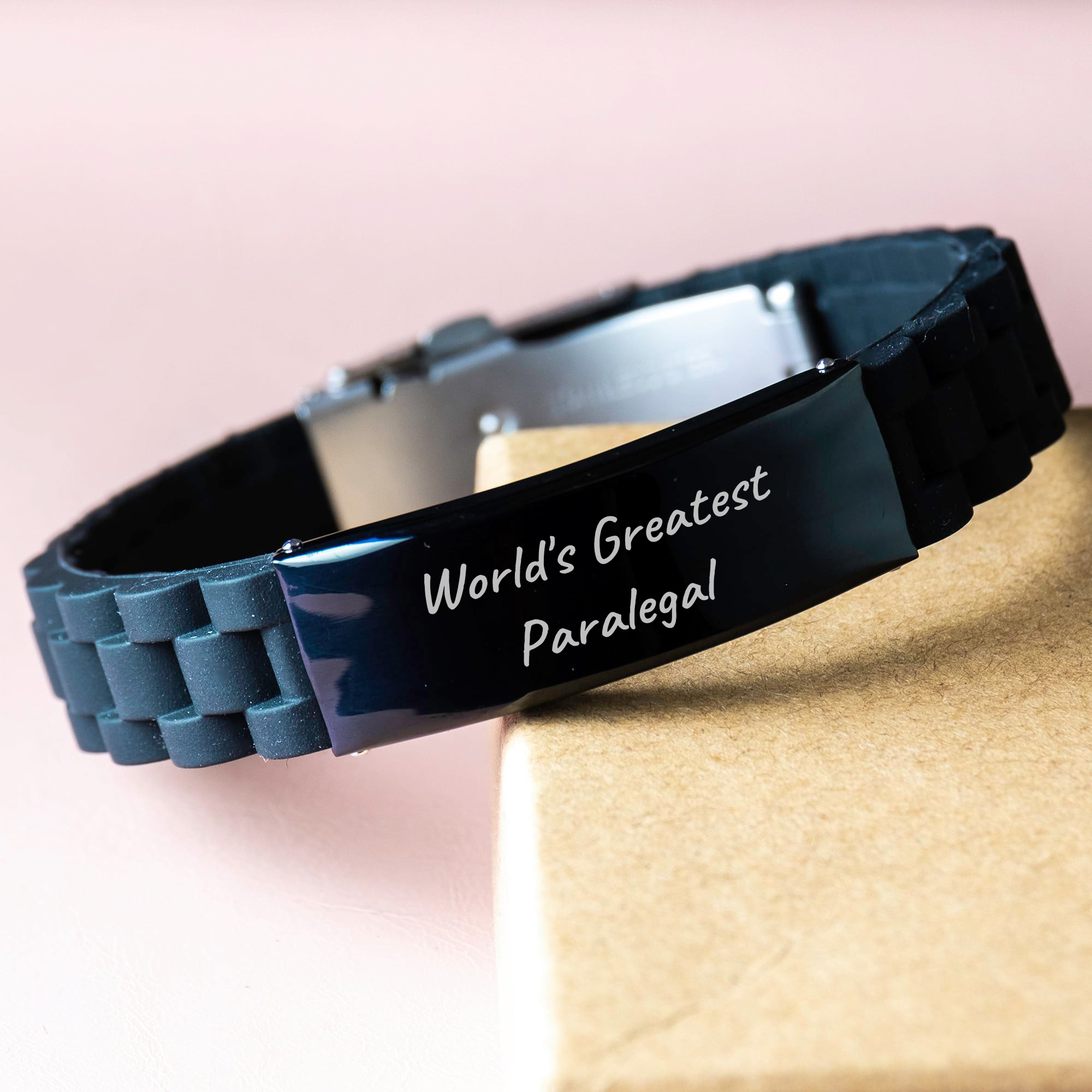World's Greatest Paralegal Funny Quote Gift for Mom from Daughters, Unique Glide lock Clasp Black Stainless Steel Silicone Adjustable Bracelet, Mother's Day Unique Gifts for Her - Image 3