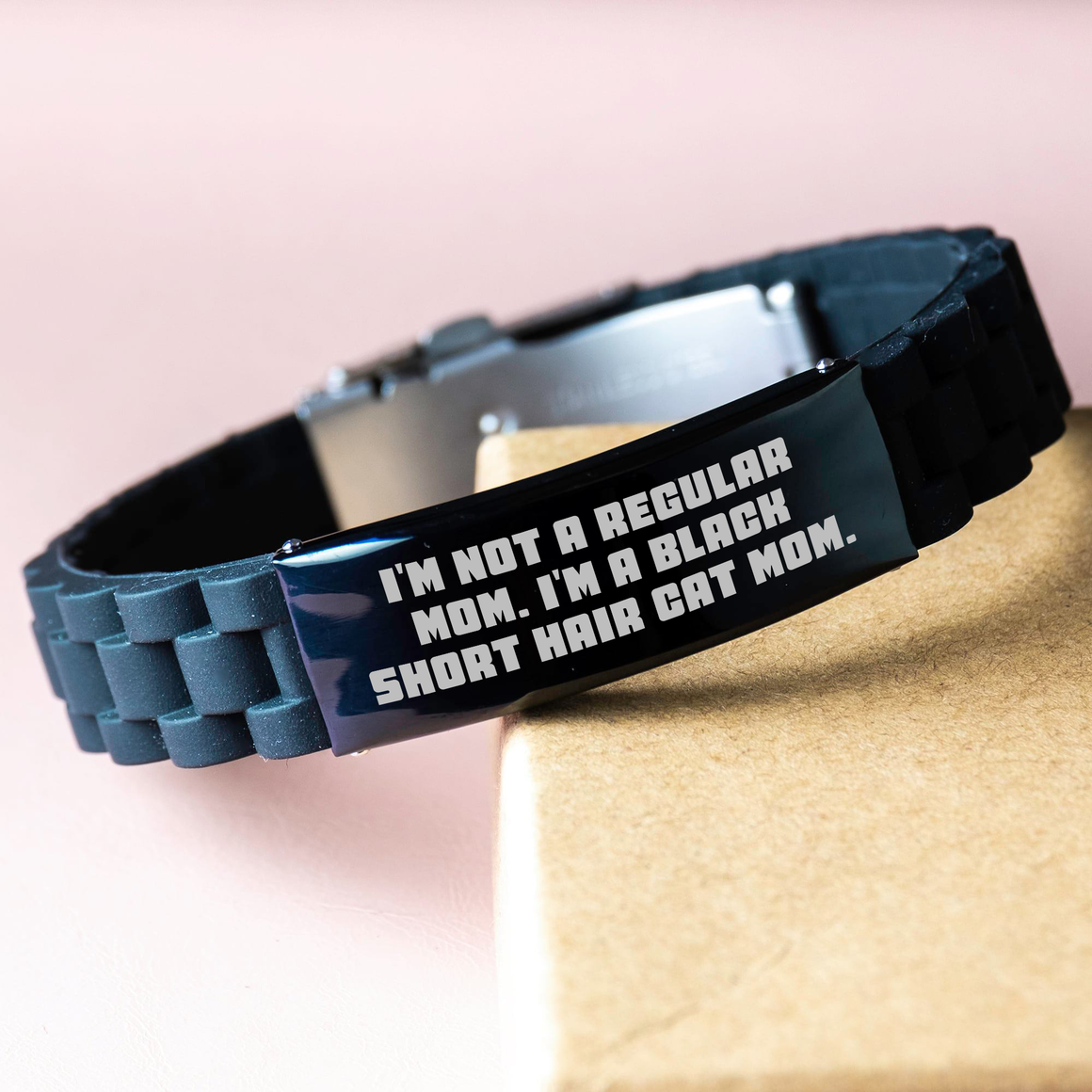 Funny Black Short Hair Cat Mom Gifts for Him - Glide lock Clasp Adjustable Bracelet from Family to Dad on Father's Day - Image 3