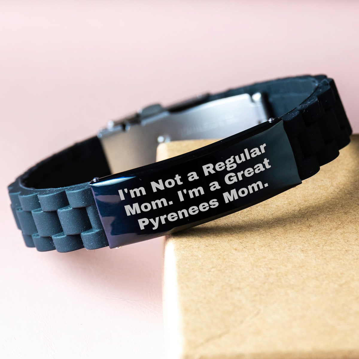 Funny Great Pyrenees Dog Lover Gifts from Dad to Son - 'I'm Not A Regular Mom. I'm A Great Pyrenees Mom.' Glide lock Clasp Black Stainless Steel Adjustable Silicone Men's Jewelry for Father's Day - Image 3