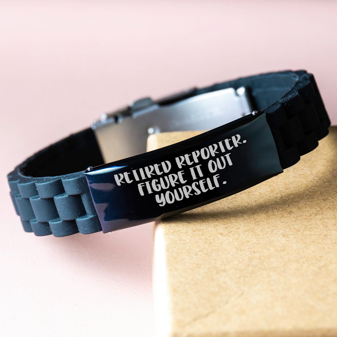 Reporter Gifts from Friends, Glide lock Clasp Black Stainless Steel Silicone Adjustable Gift for Retired Reporters 'Figure It Out Yourself', Father's Day Unique Gifts - Image 3