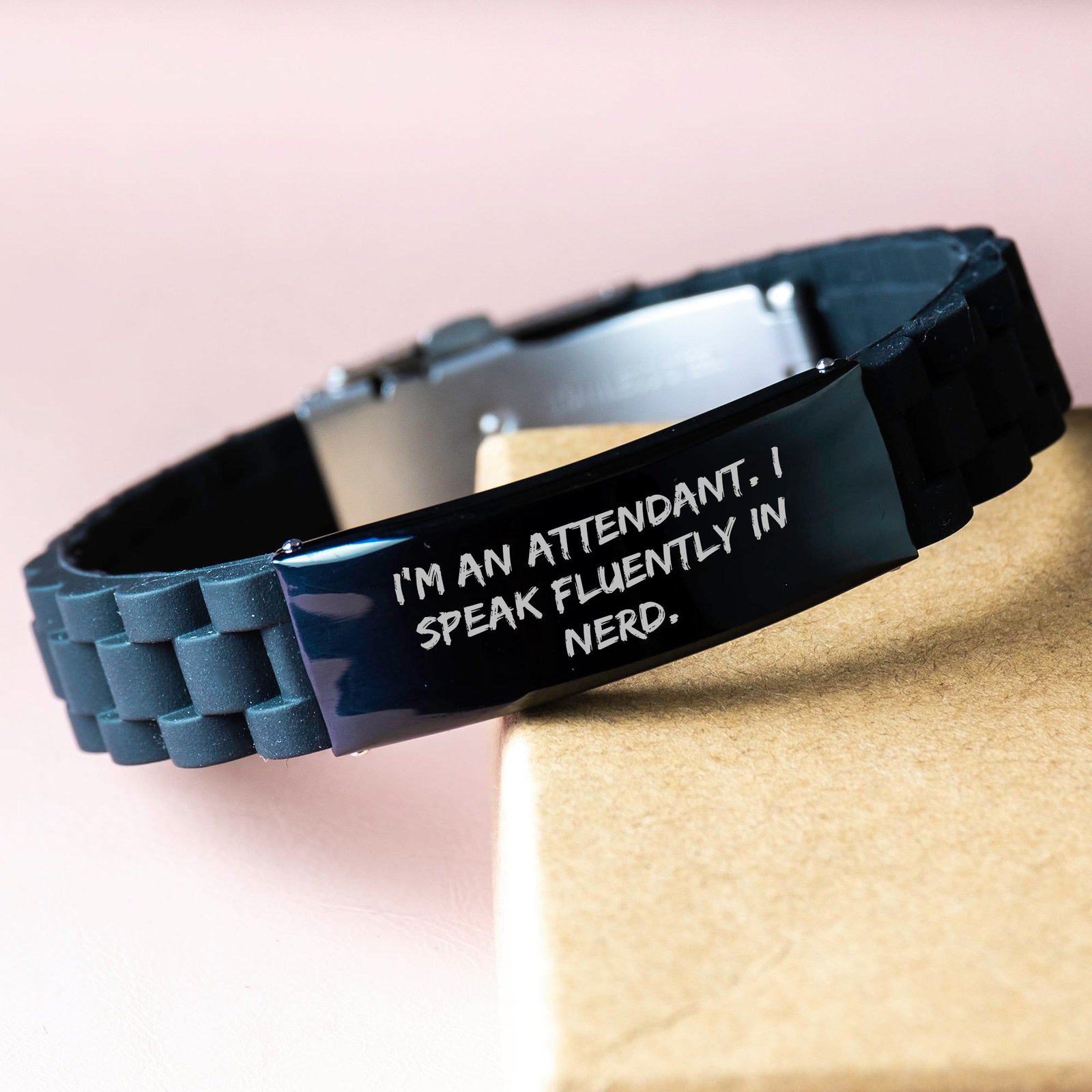 Funny Attendant Gifts - I'm An Attendant. I Speak Fluently In genius. - Glide lock Clasp Black Stainless Steel Silicone Adjustable Father's Day Unique Gifts for Him - Image 3