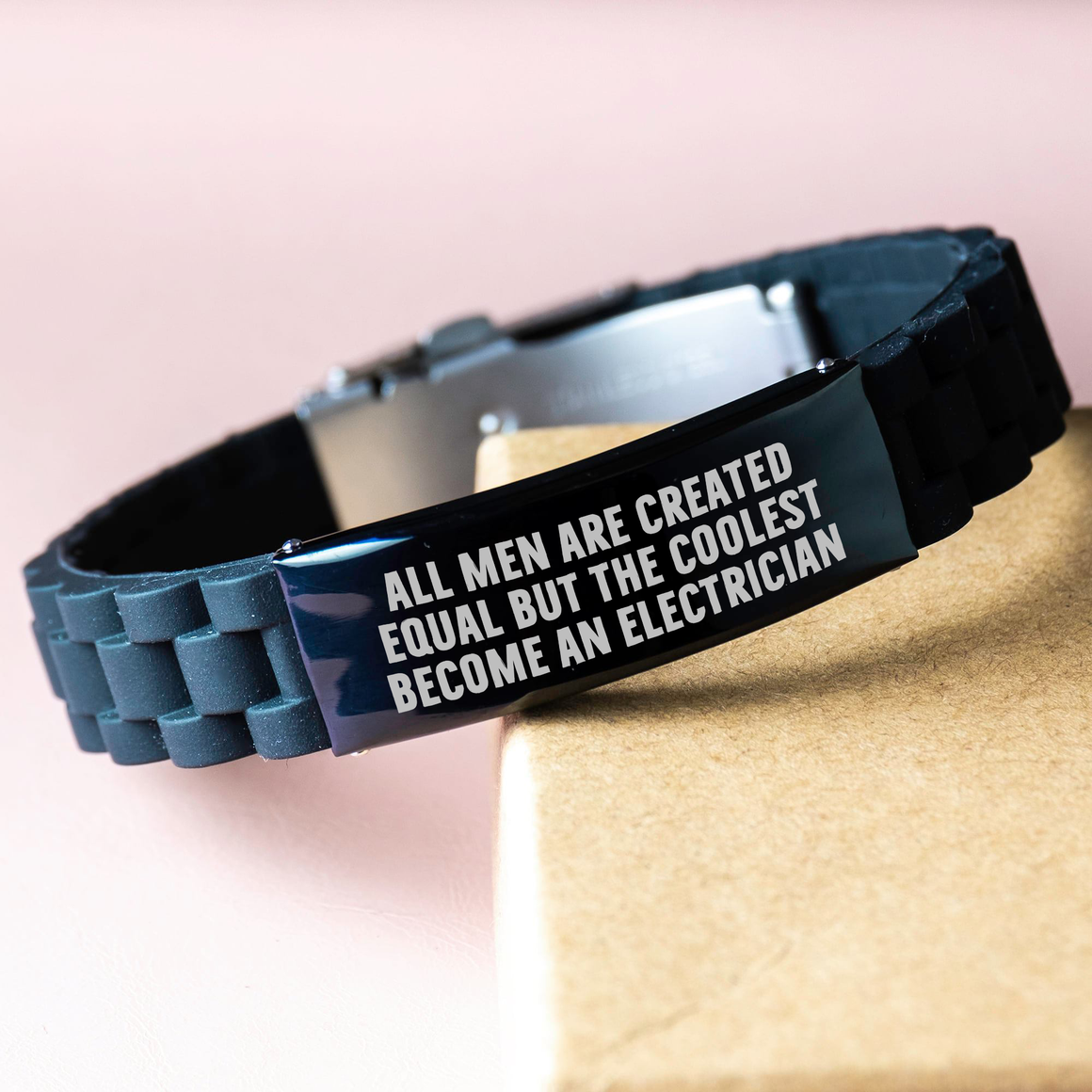 Funny Electrician Gifts - 'All Men Are Created Equal But The Coolest Become An Electrician' Glide lock Clasp Black Stainless Steel Adjustable Silicone Mother's Day Unique Gift for Electrician Men - Image 3