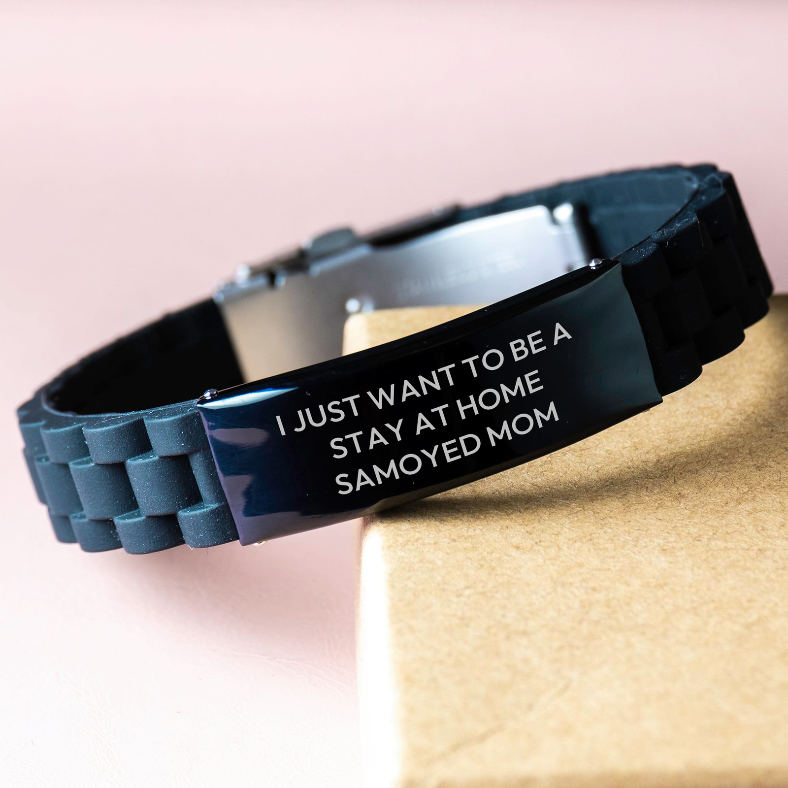 Funny Samoyed Dog Mom Gift, I Just Want To Be A Stay At Home Mom, Glide lock Clasp Black Stainless Steel Silicone Adjustable Bracelet, Father's Day Unique Gifts from Mom to Dad - Image 3