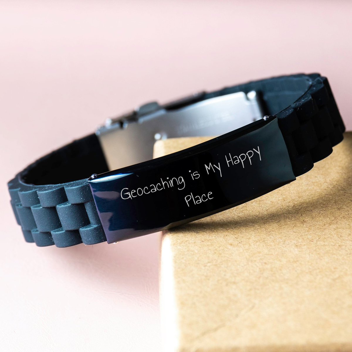Geocaching Adventure Gifts for Men - 'Geocaching Is My Happy Place' Silver Black Stainless Steel Silicone Clasp Bracelet - Gifts from Dad to Geocaching Enthusiast - Father's Day Unique - Image 3