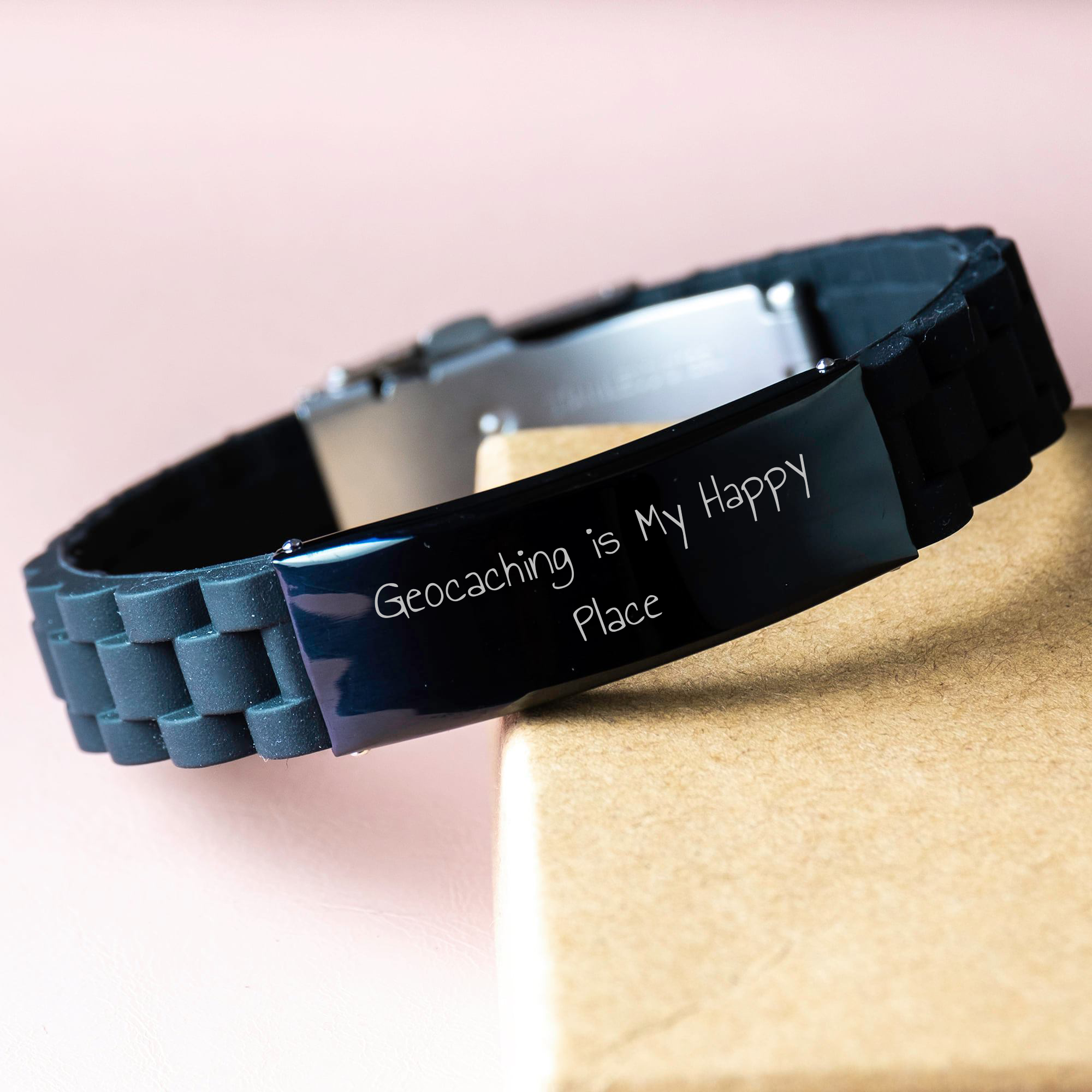 Geocaching Adventure Gifts for Men - 'Geocaching Is My Happy Place' Silver Black Stainless Steel Silicone Clasp Bracelet - Gifts from Dad to Geocaching Enthusiast - Father's Day Unique - Image 3