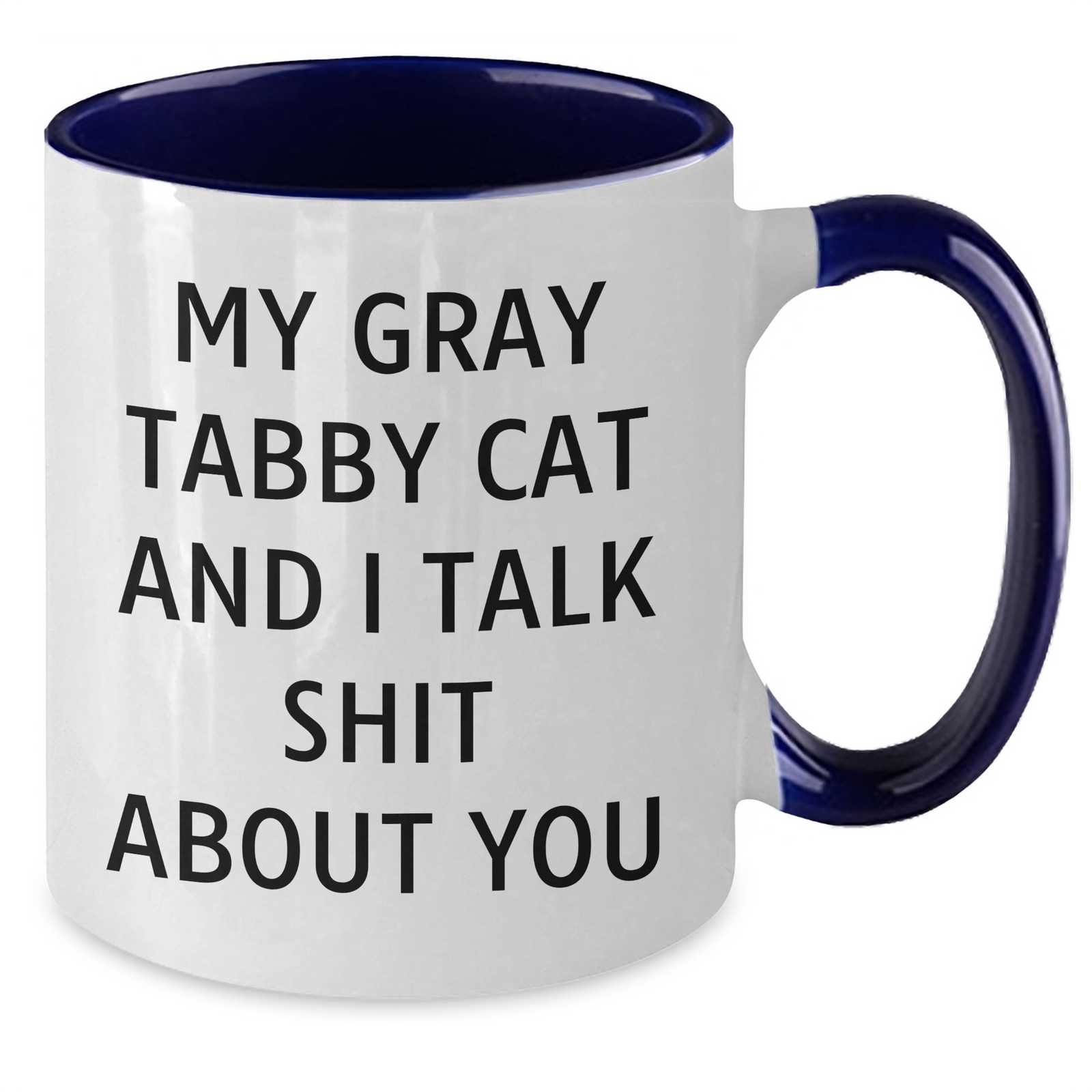 Funny Gray Tabby Cat Gifts from Men to Friends on Father's Day - Two Tone Coffee Mug with Quote 'My Gray Tabby Cat And I Talk Shit About You' - Additional