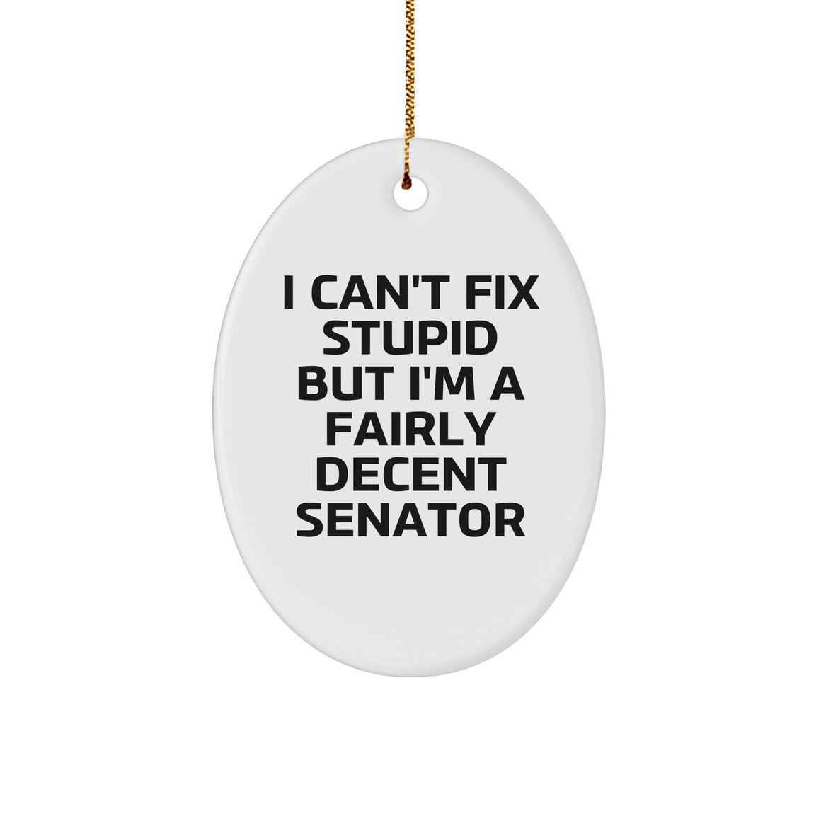 Senator Oval Ornament, Funny Quote 'I Can't Fix Stupid But I'm A Fairly Decent Senator', White Sturdy MDF, 3" Gold-Tone String for Hanging, Gifts from Men to Senator, Unique Christmas Memorable Present - Image 1