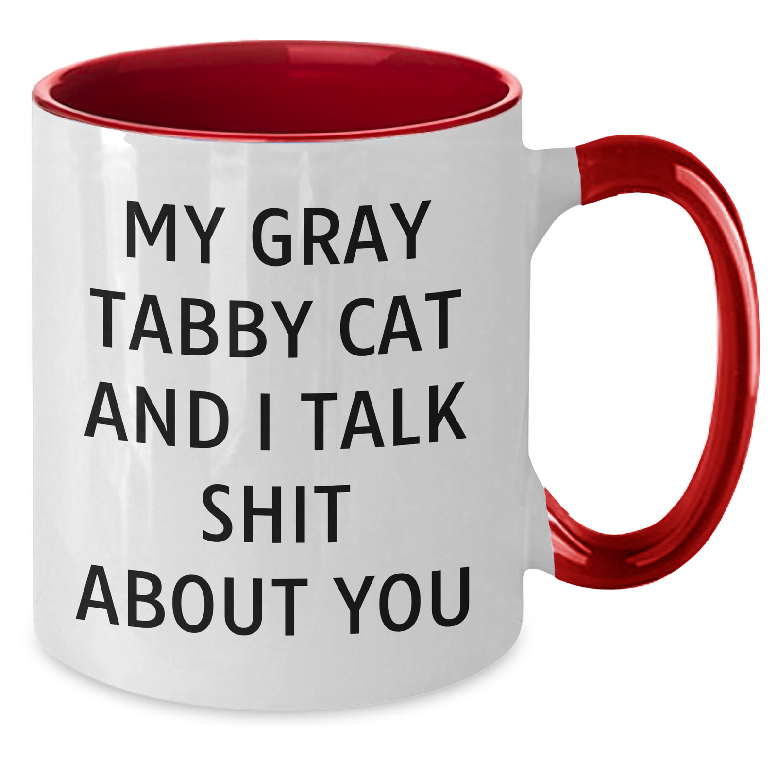 Funny Gray Tabby Cat Gifts from Men to Friends on Father's Day - Two Tone Coffee Mug with Quote 'My Gray Tabby Cat And I Talk Shit About You' - Additional