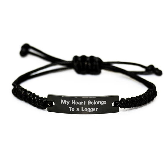 Funny Logger Gifts - 'My Heart Belongs To A Logger' Rope Bracelet for Men, Unique Father's Day Unique Gifts from Family or Friends, Adjustable Black Stainless Steel with Interlaced Rope - Image 1