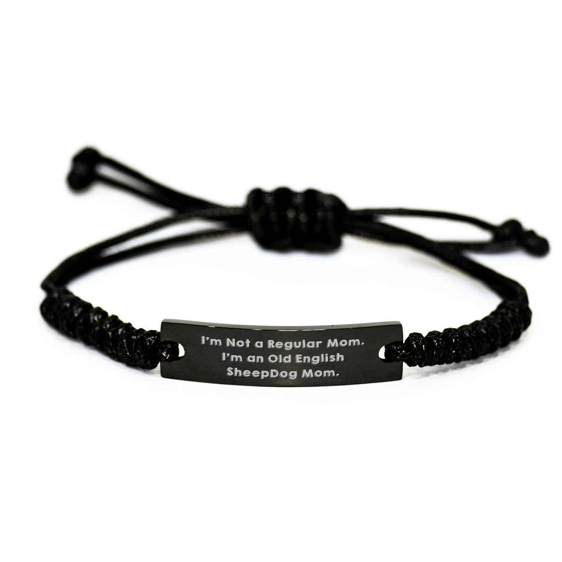 Old English Sheepdog Mom's Funny Rope Bracelet, Gifts from Mom to Dad on Father's Day, Adjustable Black Stainless Steel with Interlaced Rope - Image 1