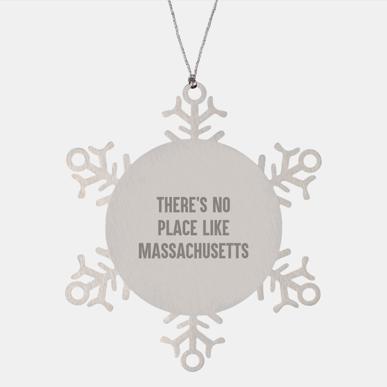 Massachusetts Snowflake Ornament, 'There's No Place Like Massachusetts' Quote, Shatterproof, Christmas Unique Gifts from Friends to Family - Image 1