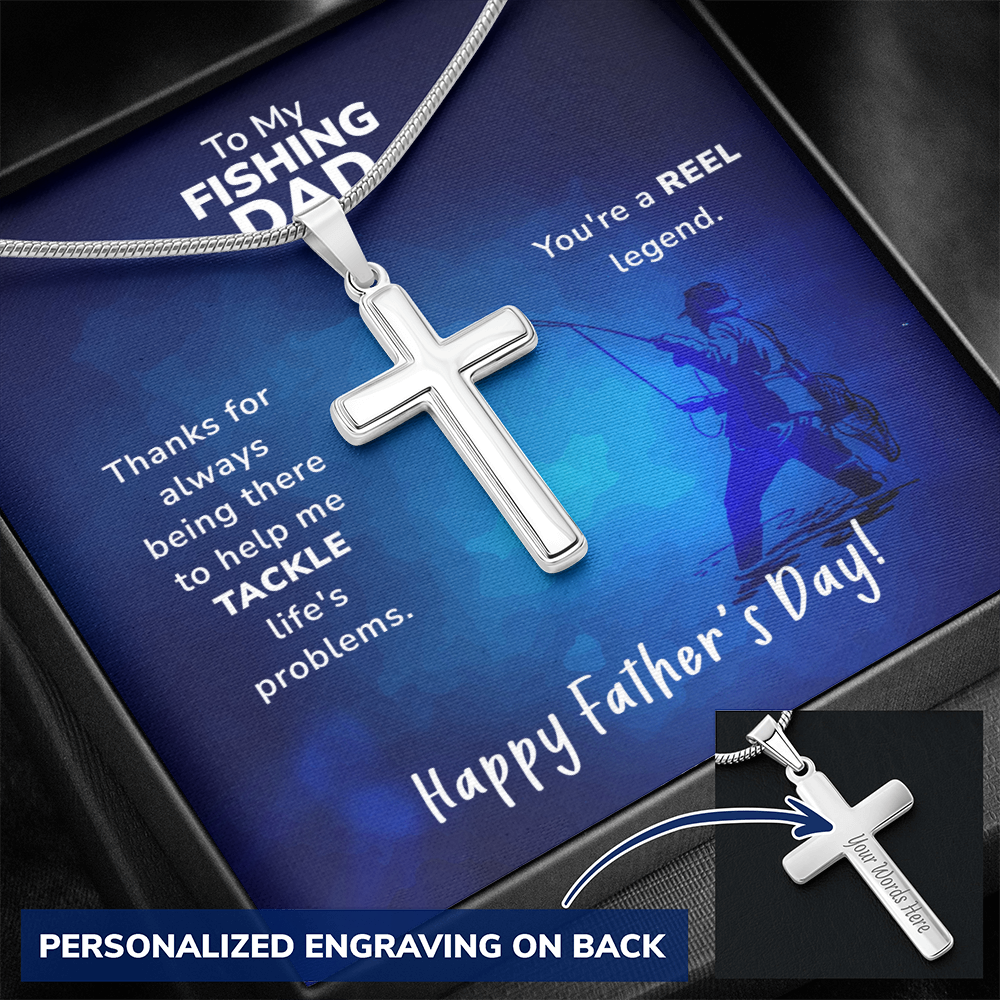 Personalized REEL Legend" Fishing Dad Chain and Cross – Father's Gift