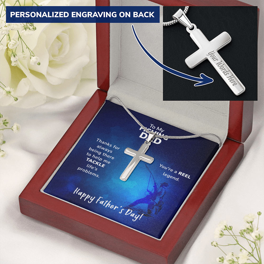 Personalized REEL Legend" Fishing Dad Chain and Cross – Father's Gift