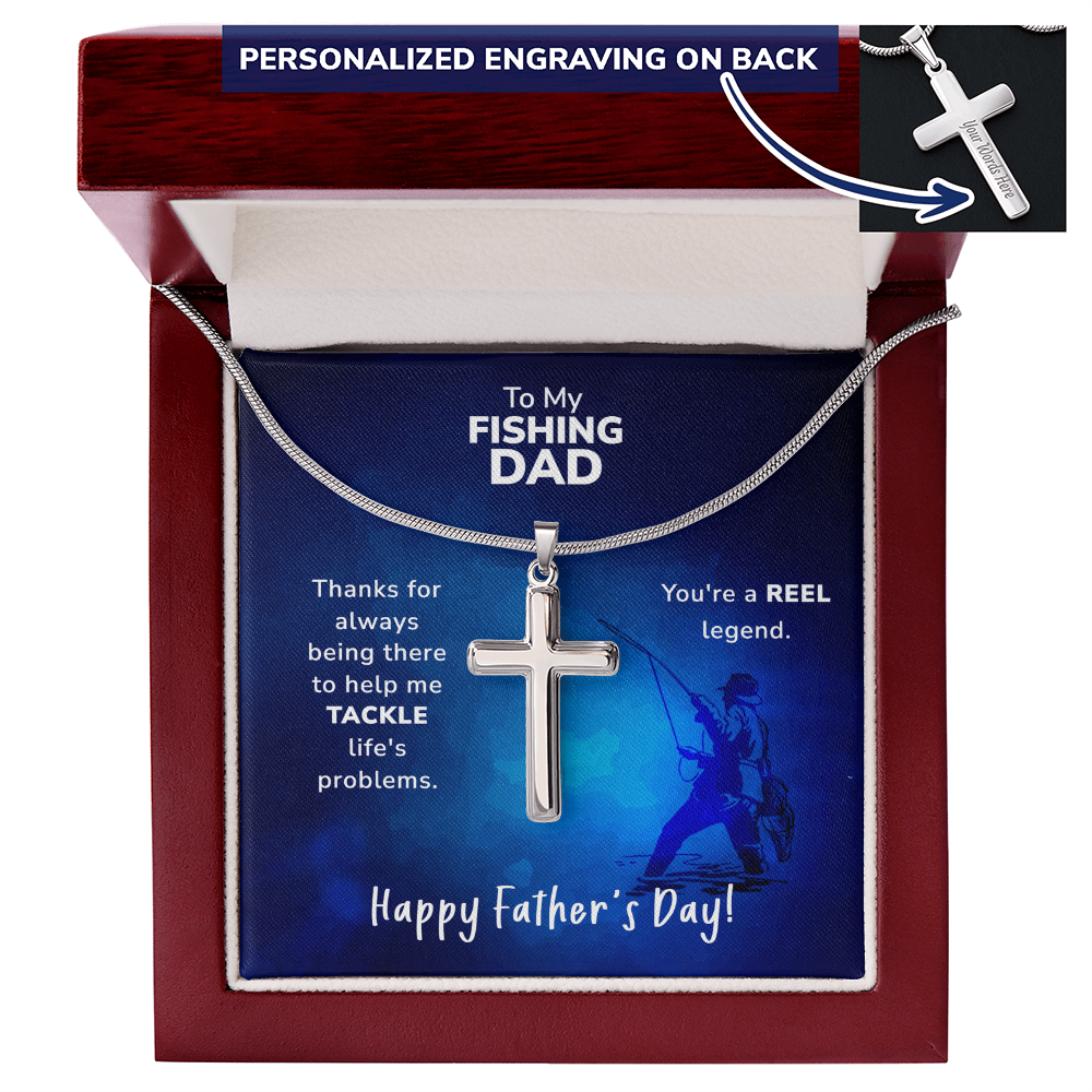 Personalized REEL Legend" Fishing Dad Chain and Cross – Father's Gift