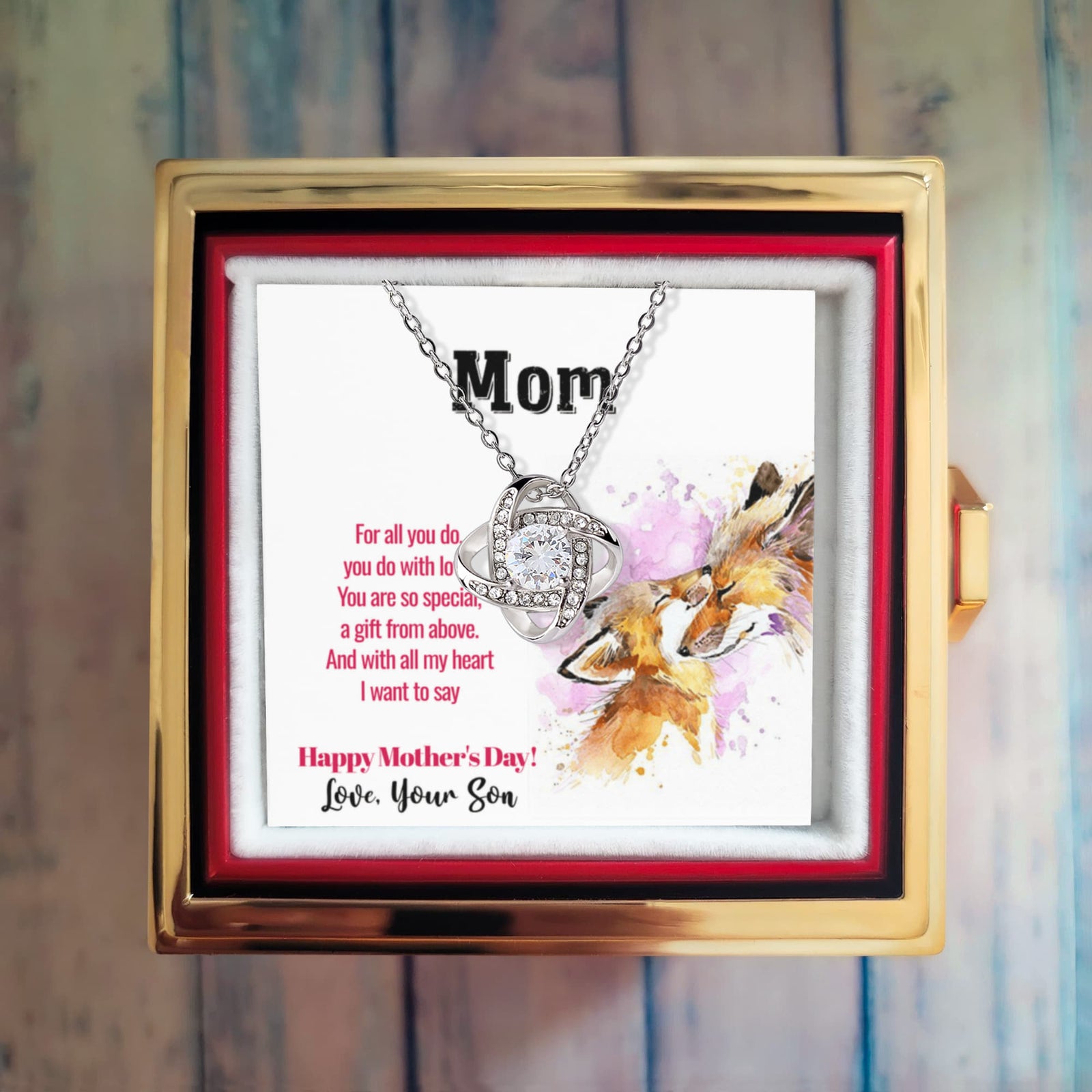 Love From Your Son  Mother's Day Love Knot with Rotating Rose Necklace