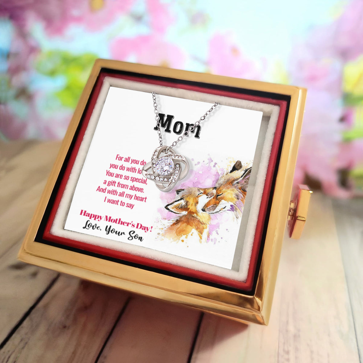 Love From Your Son  Mother's Day Love Knot with Rotating Rose Necklace