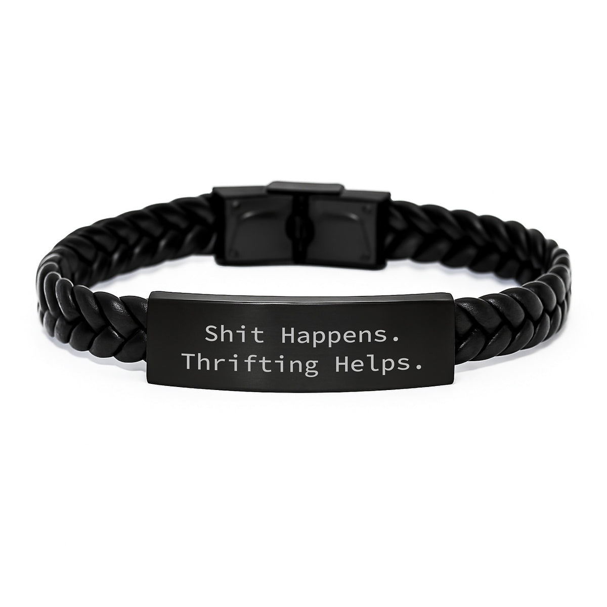 Unique Thrifting Gifts from Friends for Thrifters, Interlaced Leather Bracelet with Funny Quote 'Shit Happens. Thrifting Helps.' for Christmas - Image 1