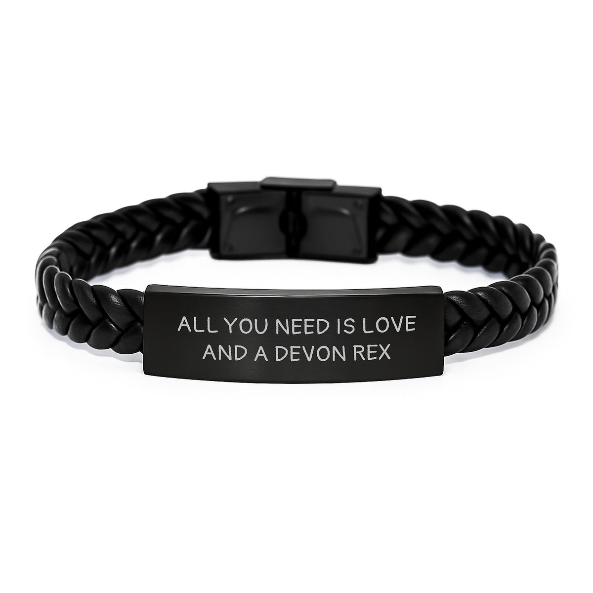 Unique Devon Rex Cat Lover Gifts for Friends and Family - &#39;All You Need Is Love And A Devon Rex&#39; Stainless Steel Leather Bracelet - Image 1