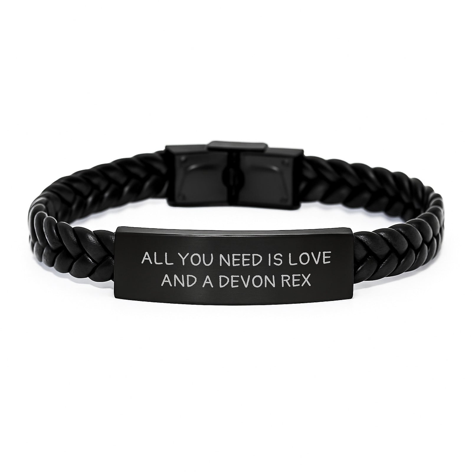 Unique Devon Rex Cat Lover Gifts for Friends and Family - 'All You Need Is Love And A Devon Rex' Stainless Steel Leather Bracelet - Image 1