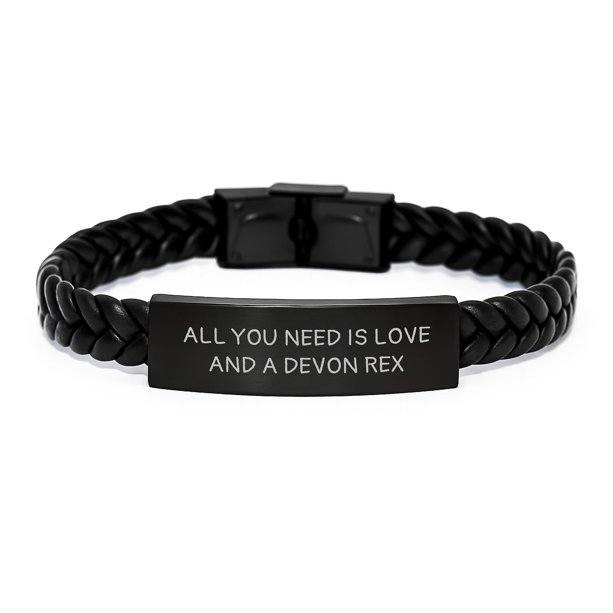 Unique Devon Rex Cat Lover Gifts for Friends and Family - 'All You Need Is Love And A Devon Rex' Stainless Steel Leather Bracelet - Image 1