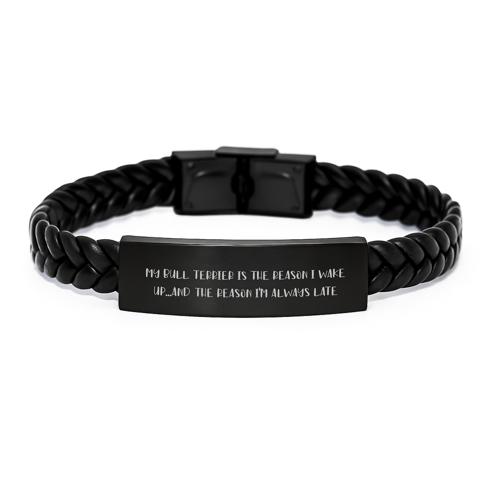 Funny Bull Terrier Dog Gifts, My Bull Terrier Is The Reason I Wake Up...and The Reason I'm Always Late, Interlaced Leather Bracelet for Men and Women, Birthday Unique Gifts from Friends and Family - Image 1