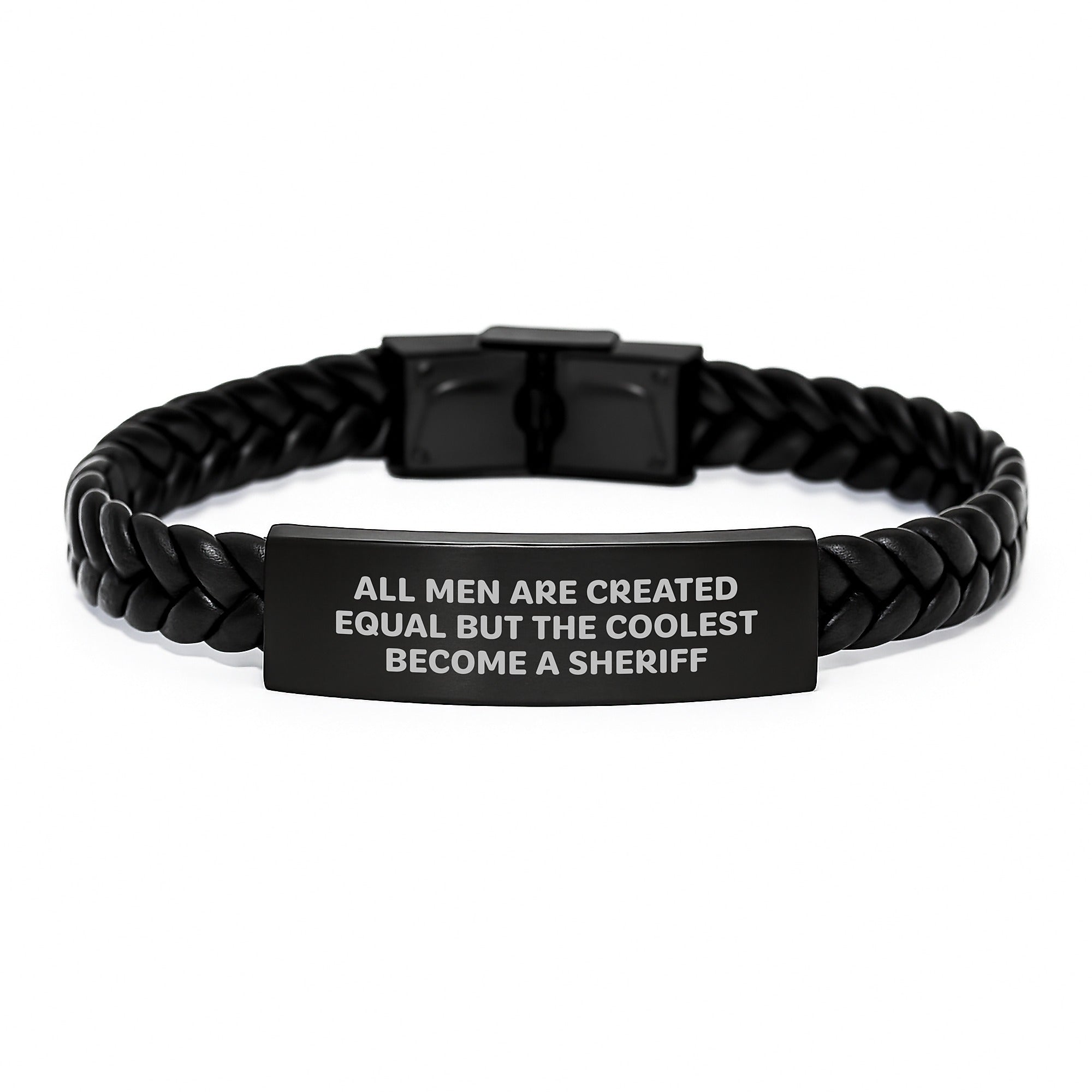 Funny Sheriff Gifts for Men, Unique Interlaced Leather Bracelet with Quote - 'All Men Are Created Equal But The Coolest Become A Sheriff', Christmas Unique Gifts from Friends - Image 1