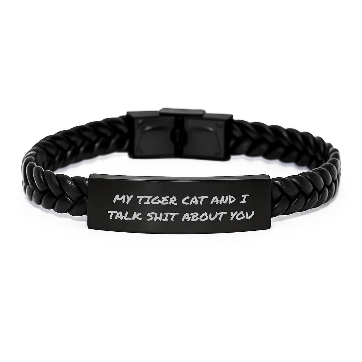Funny Tiger Cat Gifts for Mom, Interlaced Leather Bracelet with Stainless Steel Engraved, 'My Tiger Cat And I Talk Shit About You' Quote, Mother's Day Unique Gifts from Kids - Image 1