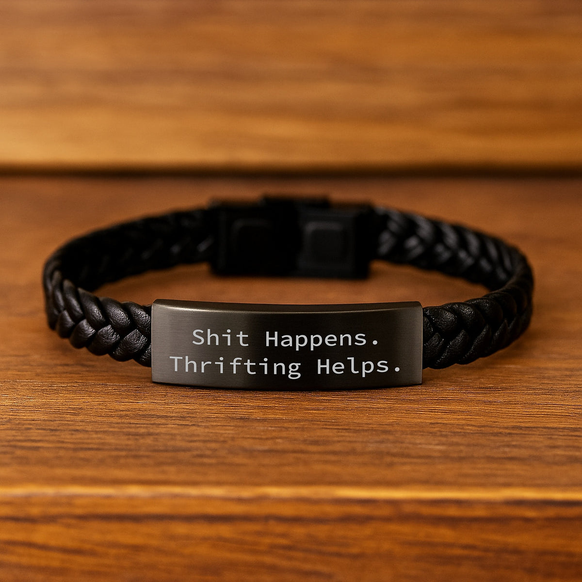 Unique Thrifting Gifts from Friends for Thrifters, Interlaced Leather Bracelet with Funny Quote 'Shit Happens. Thrifting Helps.' for Christmas - Image 2
