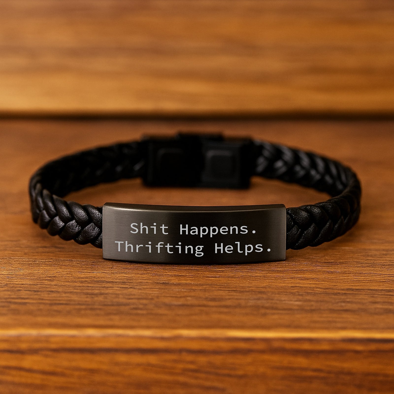 Unique Thrifting Gifts from Friends for Thrifters, Interlaced Leather Bracelet with Funny Quote 'Shit Happens. Thrifting Helps.' for Christmas - Image 2