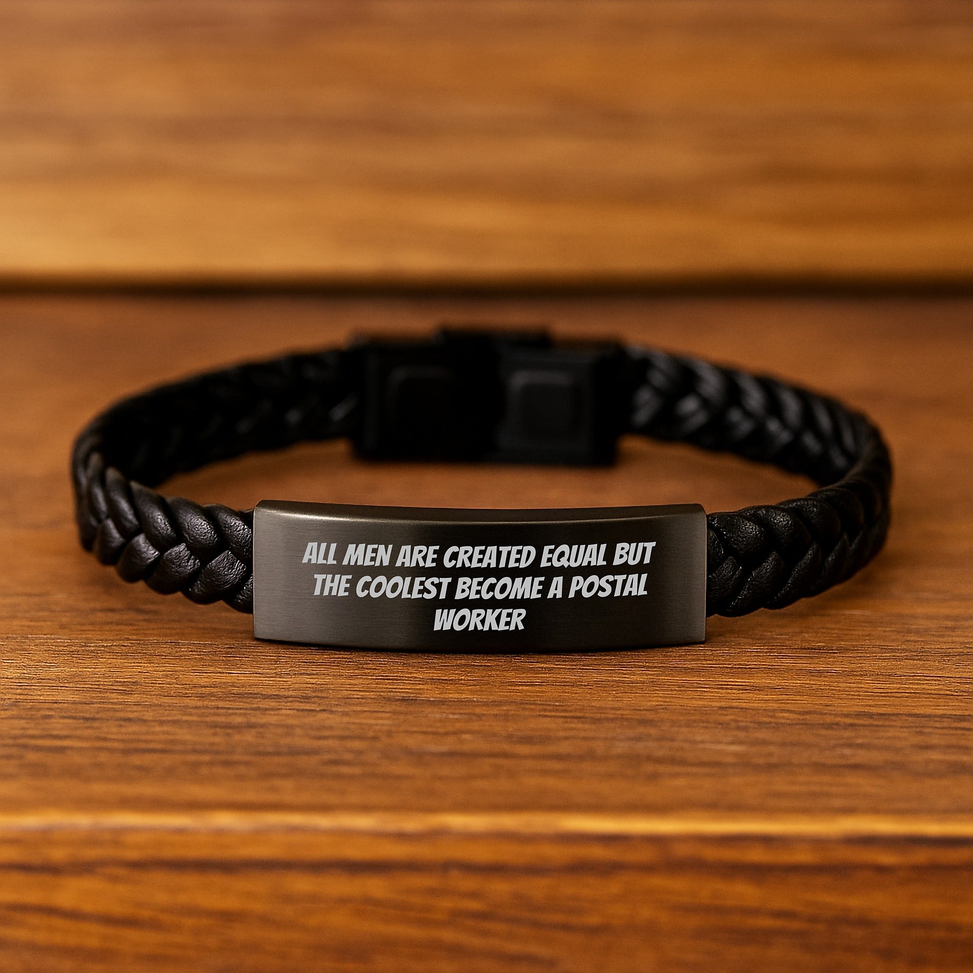 Funny Postal Worker Gifts from Men, Unique Interlaced Leather Bracelet for Birthday, 'All Men Are Created Equal But The Coolest Become A Postal Worker' Quote - Image 2