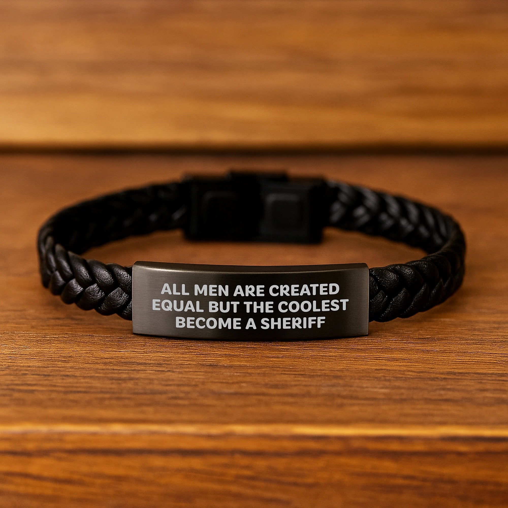 Funny Sheriff Gifts for Men, Unique Interlaced Leather Bracelet with Quote - 'All Men Are Created Equal But The Coolest Become A Sheriff', Christmas Unique Gifts from Friends - Image 2