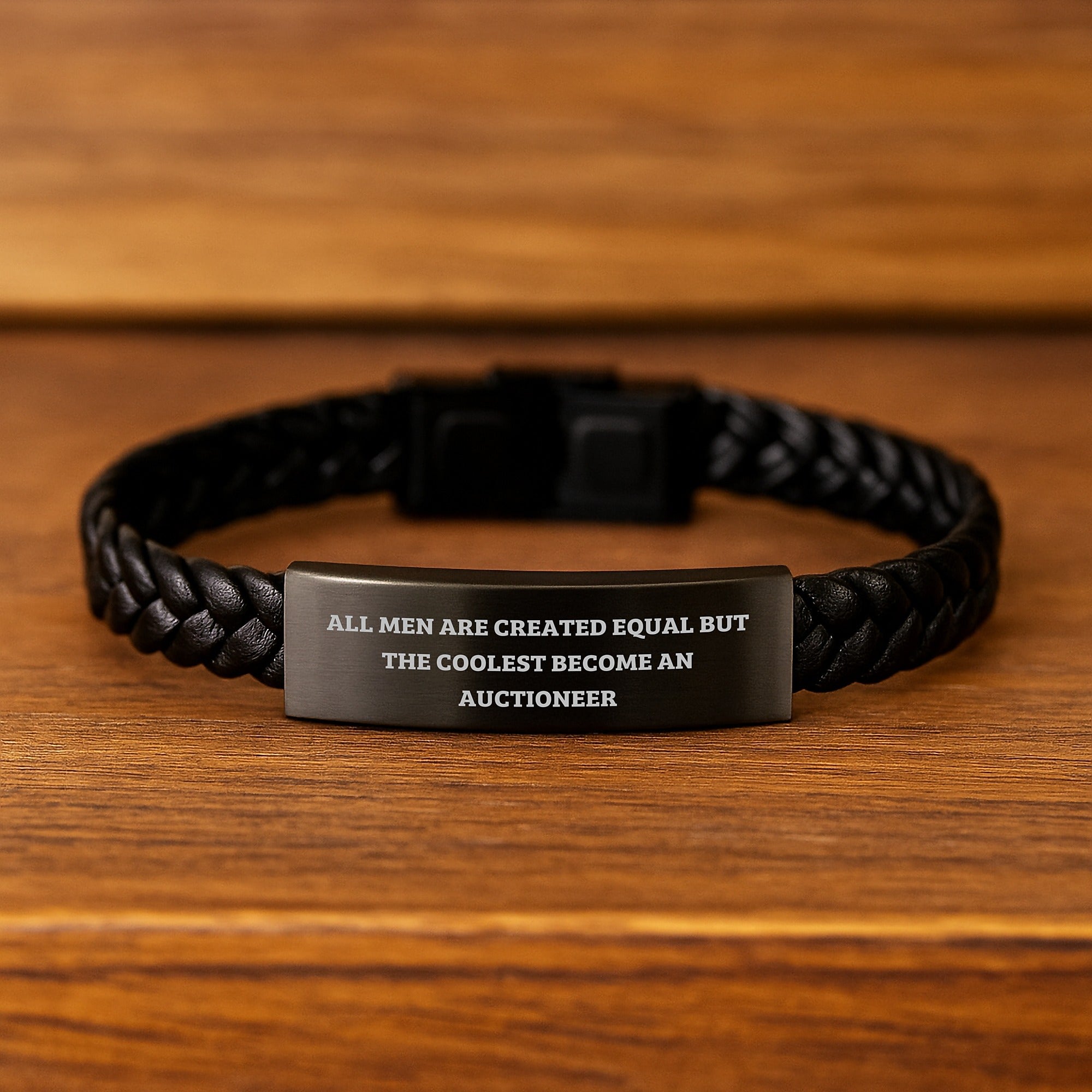 Funny Quote Gift for Auctioneer - Interlaced Leather Bracelet, Unique Graduation Presents for Men, Engraved Stainless Steel, PU Leather Combo - Image 2