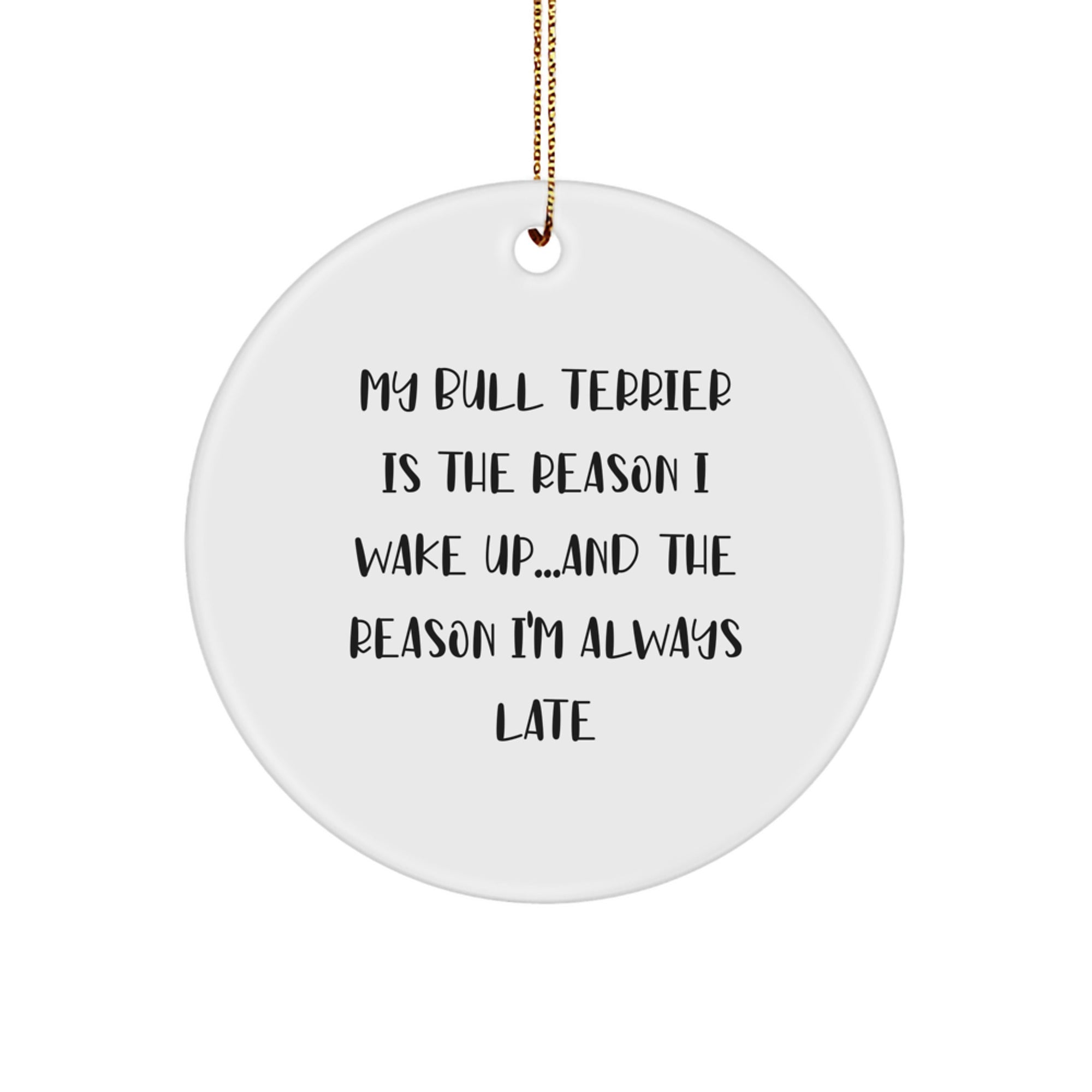 Bull Terrier Dog Lovers Gifts from Friends, 'My Bull Is The Reason' Christmas Circle Ornament, Funny Quote for Men, Women, Family, Friends - Image 1