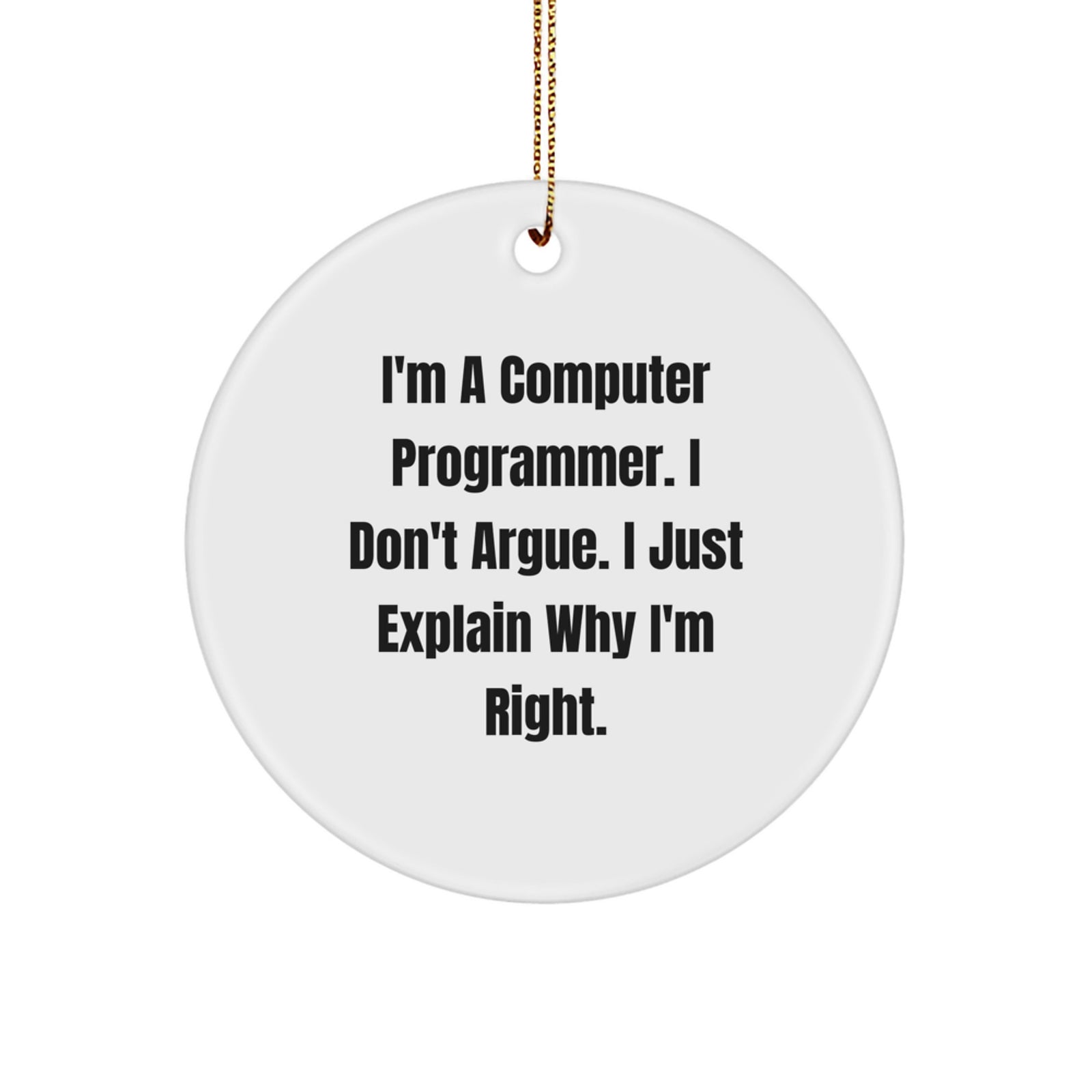 Funny Computer Programmer Gifts from Friends for Christmas Unique Circle Ornament, 'I'm A Computer Programmer. I Don't Argue. I Just Explain Why I'm Right.' - Image 1