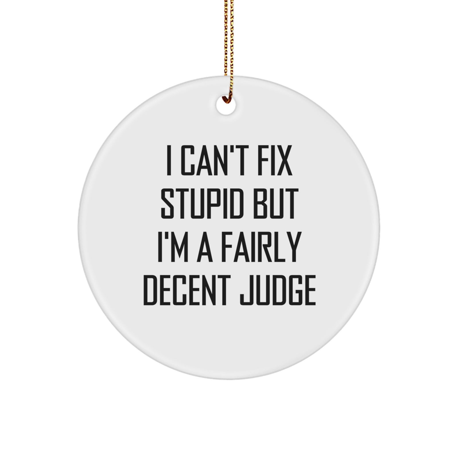 Funny Judge Gifts from Men to Friends - 'I Can't Fix Stupid But I'm A Fairly Decent Judge' Christmas Unique Circle Ornament - Image 1