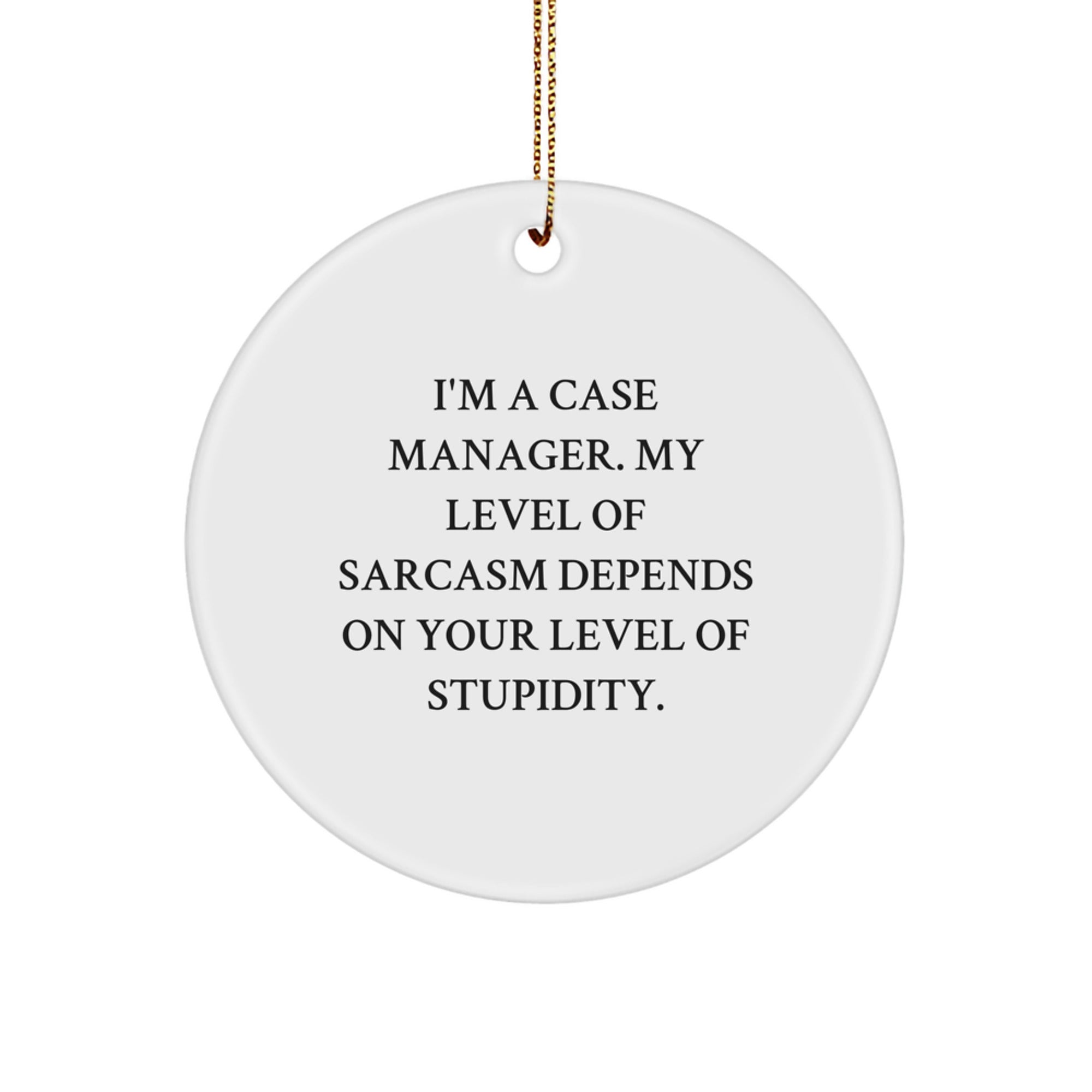 Funny Case Manager Gifts from Friends for Christmas Unique Circle Ornament, 'I'm A Case Manager, My Level Of Sarcasm Depends On Your Level Of Stupidity' Quote - Image 1
