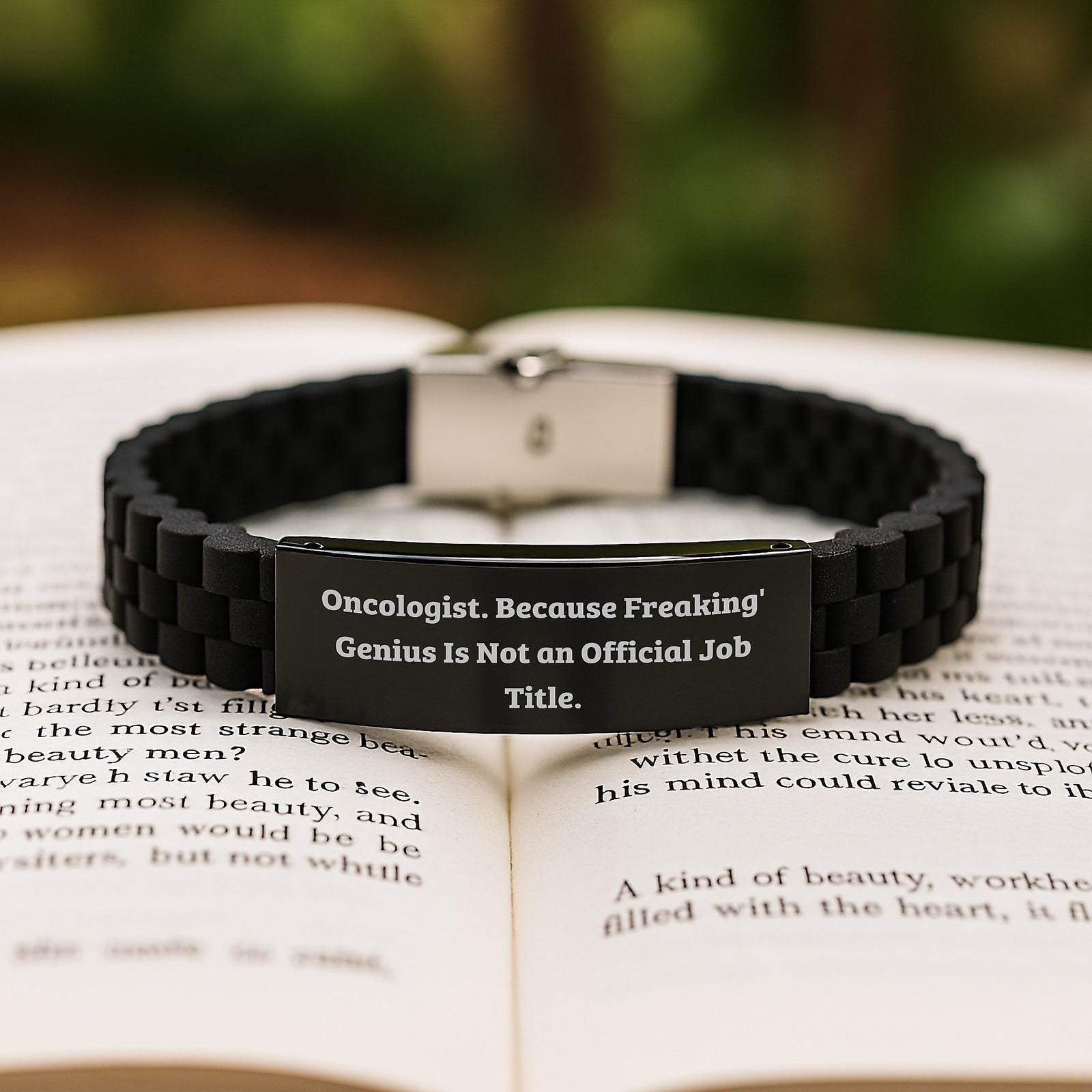 Oncologist Gifts, Funny Quote Gifts from Men, Women, Family for Mother's Day, Glide lock Clasp Bracelet, Silver Black Stainless Steel Silicone, Adjustable - Image 2