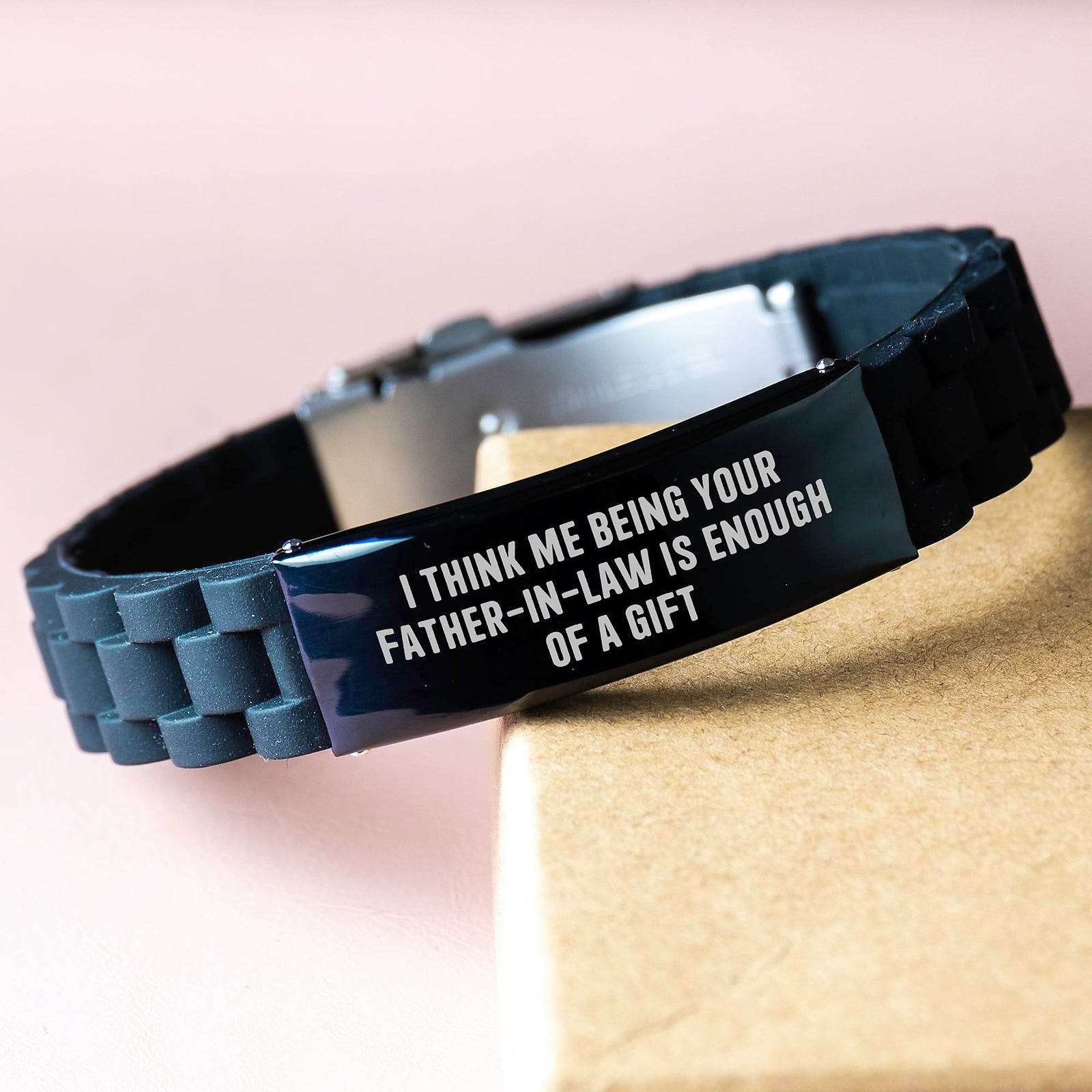 Father-in-law Gifts from Men - Funny Quote Glide lock Clasp Adjustable Black Stainless Steel Silicone Bracelet for Graduation - Image 3
